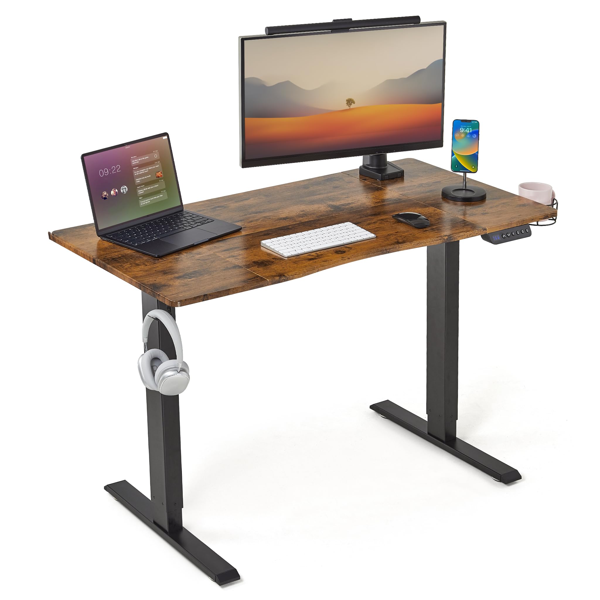MondeerHeight-adjustable desk, 120 x 60 cm, electric ergonomic standing desk with 3 heights memory function, vintage brown table top and black frame