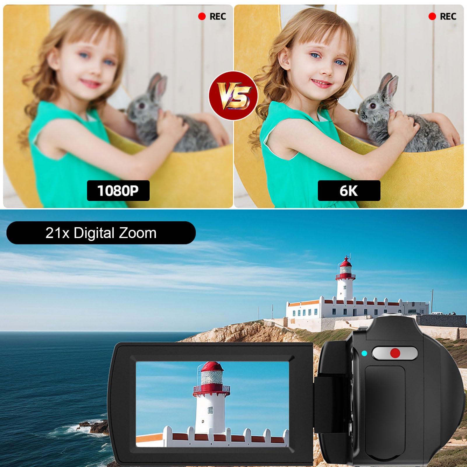 Goshyda Videocámara con Cámara de Vídeo 6K, Videocámara Digital de Doble Lente de 64MP con Pantalla de Rotación de 3" y Micrófono Inalámbrico, Cámara de Vlogging para Viajes y
