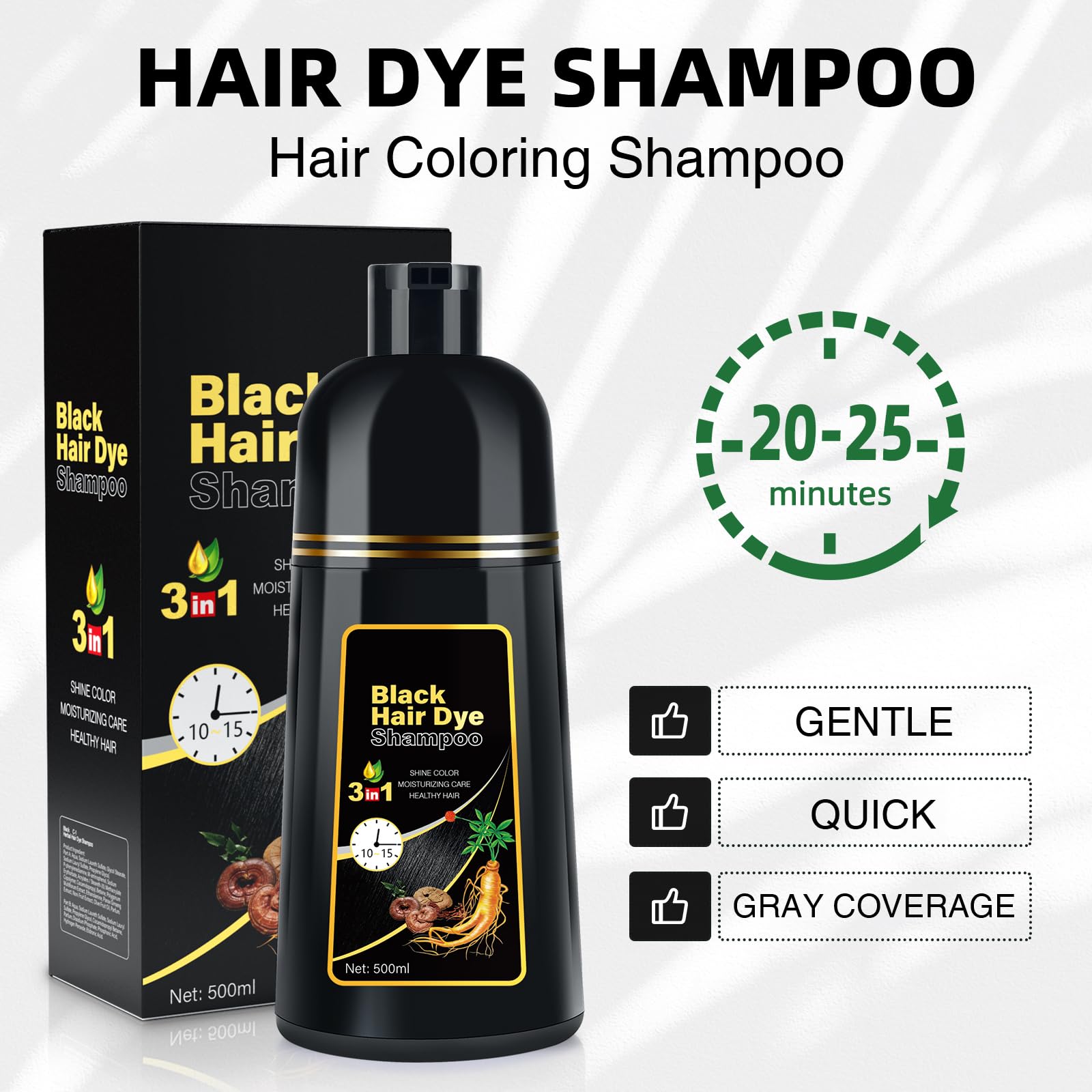 Czarny szampon do farbowania włosów siwych włosów, szampon 3 w 1 dla kobiet i mężczyzn, natychmiastowe składniki roślinne con tinte Shampoo con tinte para canas – trwały, 500 ml