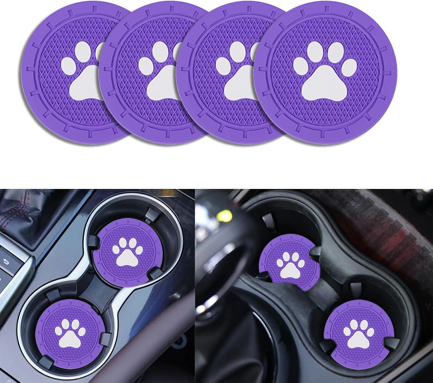 4 Pack Car Cup Holder Coasters, Dog Paw Insert Car Cup Coaster, 2.75 Inch Anti Slip Shockproof Embedded Drink Mat, Vehicle Interior Decor Accessories (Purple)