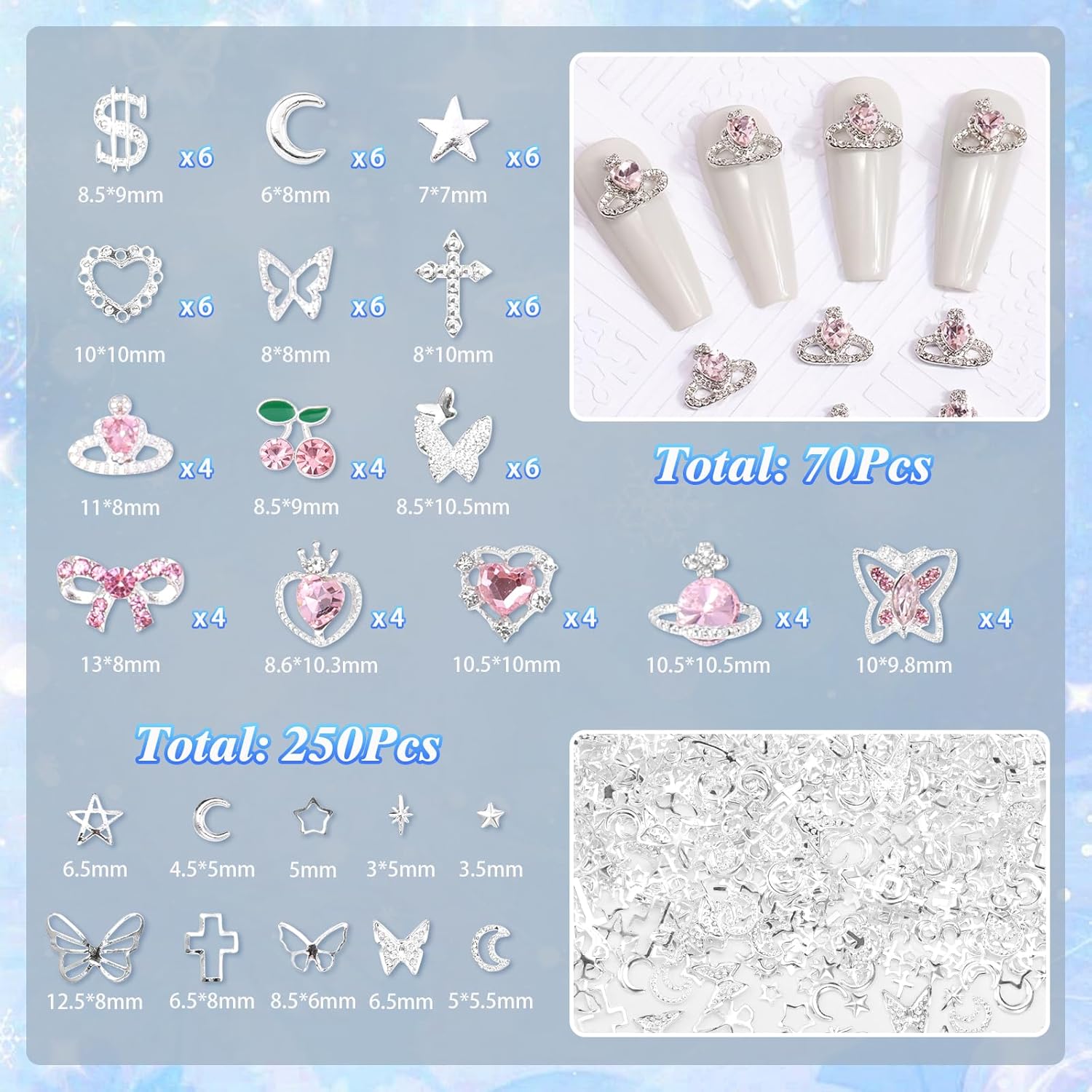 Cross Star Silver Nail Charms, 320 Pcs Pink Cherry Butterfly Bows 3D Alloy Nail Gems and Charm, Heart Dollar Star Crown Nail Art Charms, Silver Nails Rivets Charms for Nails DIY Design Y2K Supplies - Image 2