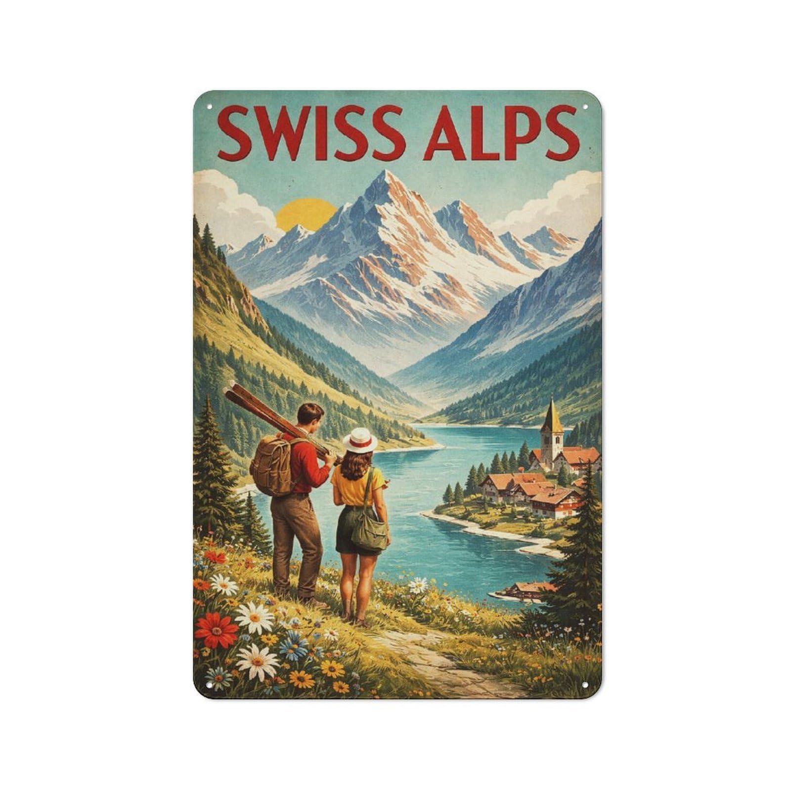 Junmoney Style-15 Metal Wall Plaque With Swiss Alps Vintage Travel Design 30X20cm, Simple Retro Studio Wall Plaque For Hobby Room, Office, Lounge Or Living Room