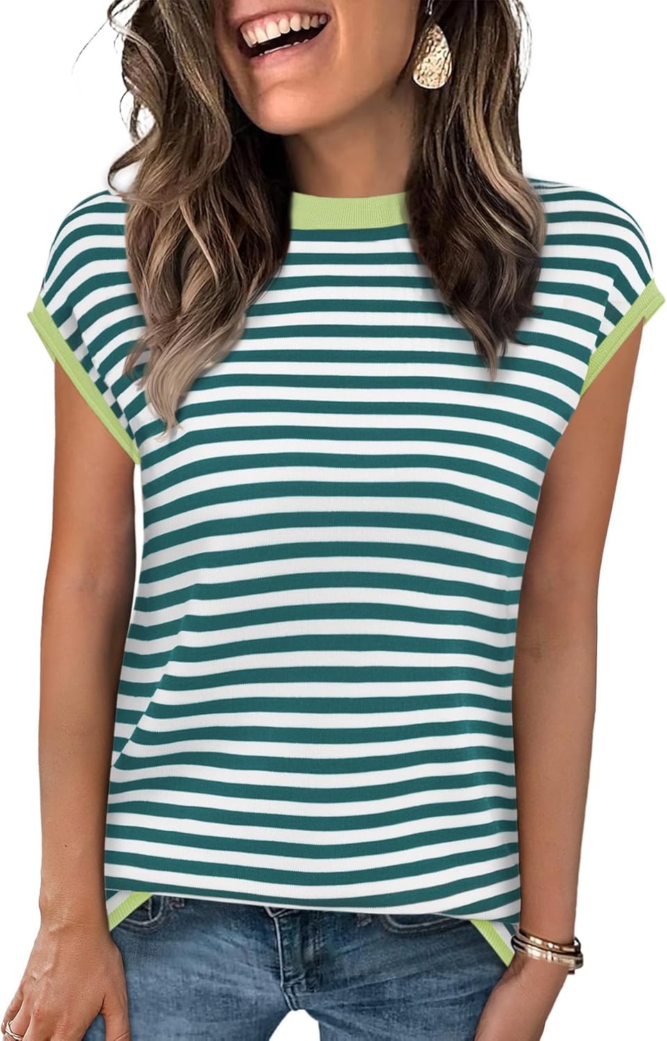 Cap Sleeve Tops for Women Summer Striped Short Sleeve Sweater Top Crew Neck Sleeveless Vest Spring Going Out Shirts