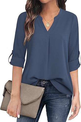 Timeson - Blusa informal de chifón para mujer, blusa con cuello en V y manga 34