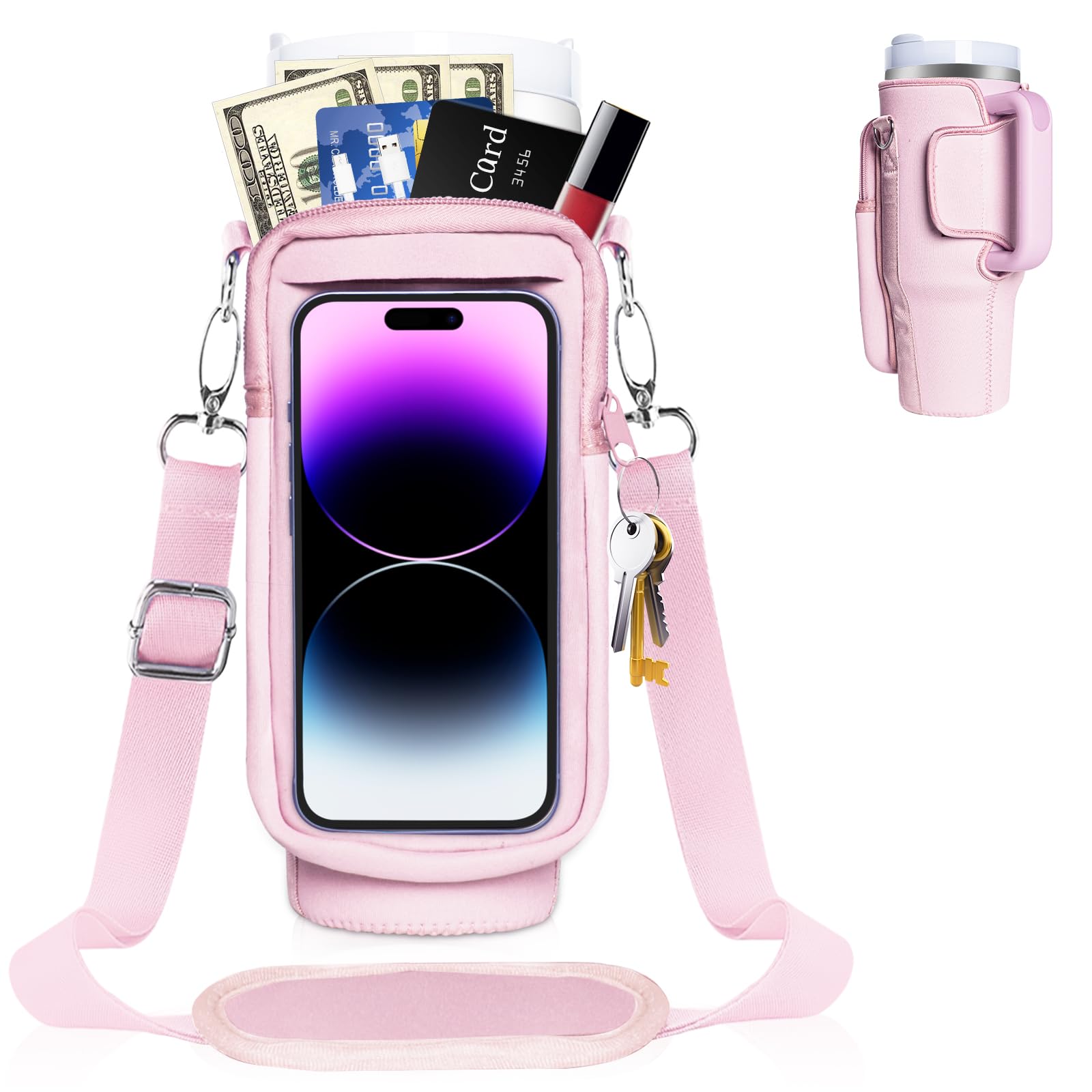 Water Bottle Carrier Bag with Touch Screen Phone Pocket for Stanley 40oz Tumbler with Handle Water Bottle Holder Pouch with Adjustable Strap for Phone Card Keys Hiking Stanley Cup Accessories