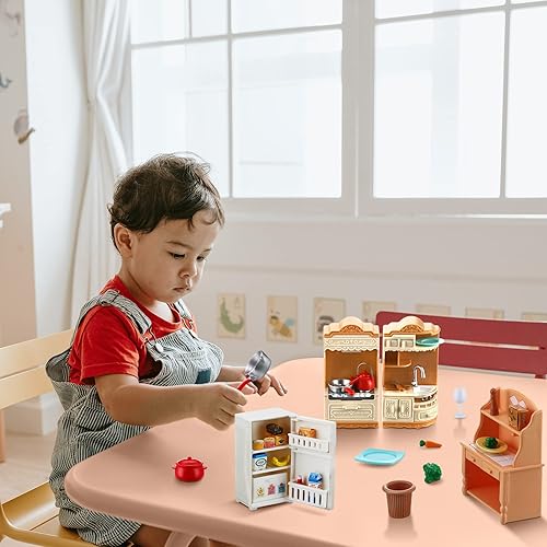 Miniatura 6 de Juego de 43 piezas de muebles de casa de muñecas, juego de cocina, refrigerador en miniatura con mini ollas y sartenes para alimentos, accesorios de