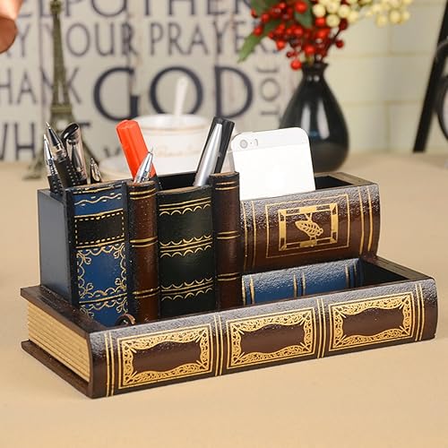 Miniatura 2 de Tosnail Soporte decorativo para bolígrafos con compartimento de almacenamiento, soporte para lápices de madera y organizador, libros de biblioteca