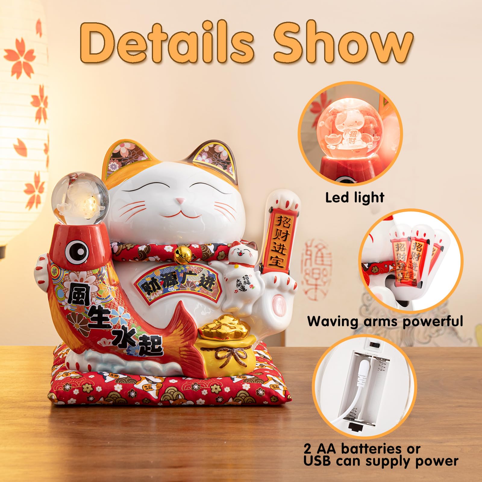 Estatua grande de gato de la suerte Maneki Neko con bola de cristal, figura de gato de la fortuna japonesa, blanco y rojo