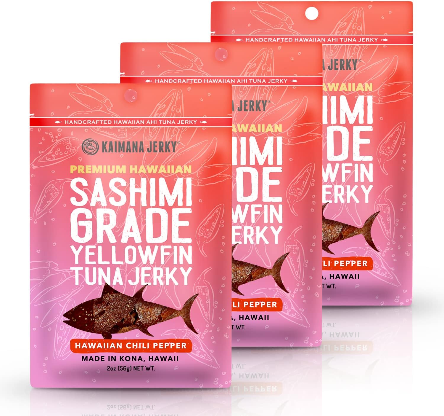 Kaimana Jerky Ahi Tuna Hawaiian Chili Pepper - Soft and Tasty - Premium Fish Made in the USA. High in Omega 3's, All Natural and Wild Caught - 2 Ounce (Pack of 3)