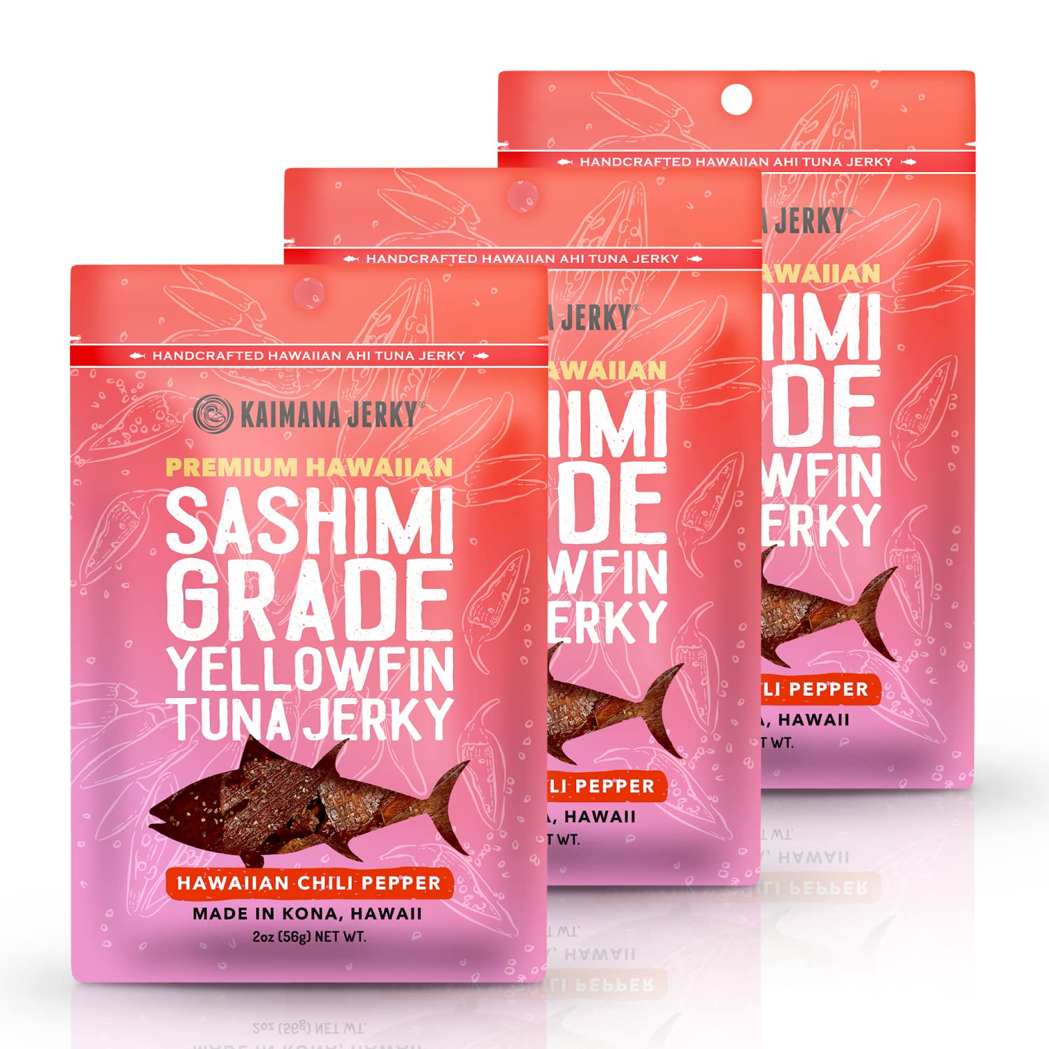 Kaimana Jerky Ahi Tuna Hawaiian Chili Pepper - Soft and Tasty - Premium Fish Made in the USA. High in Omega 3's, All Natural and Wild Caught - 2 Ounce (Pack of 3)