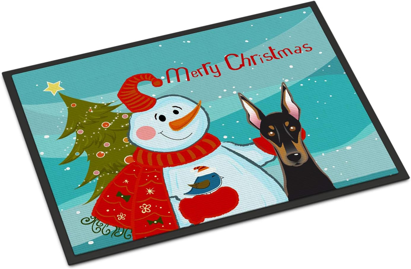 Caroline's Treasures BB1865MAT Snowman with Doberman Doormat 18x27 Front Door Mat Indoor Outdoor Rugs for Entryway, Non Slip Washable Low Pile, 18H X 27W