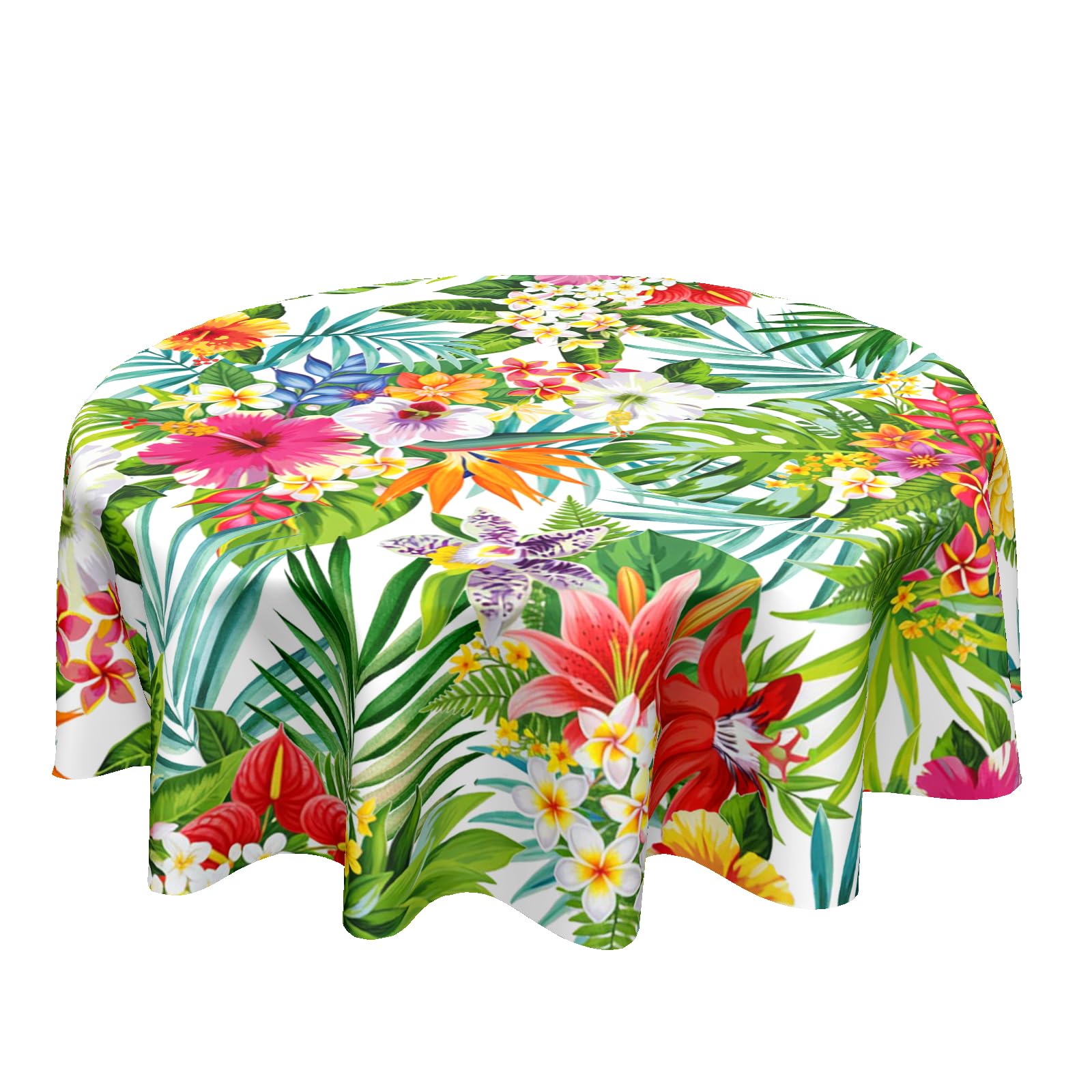 Photo 1 of Hawaiian Tropical Tablecloth Round 60 Inch Summer Palm Leaves and Hibiscus Floral Table Cloth Circle Monstera Flower Washable Reusable Polyester Table Cover for Dining Room Kitchen Party Picnic Decor