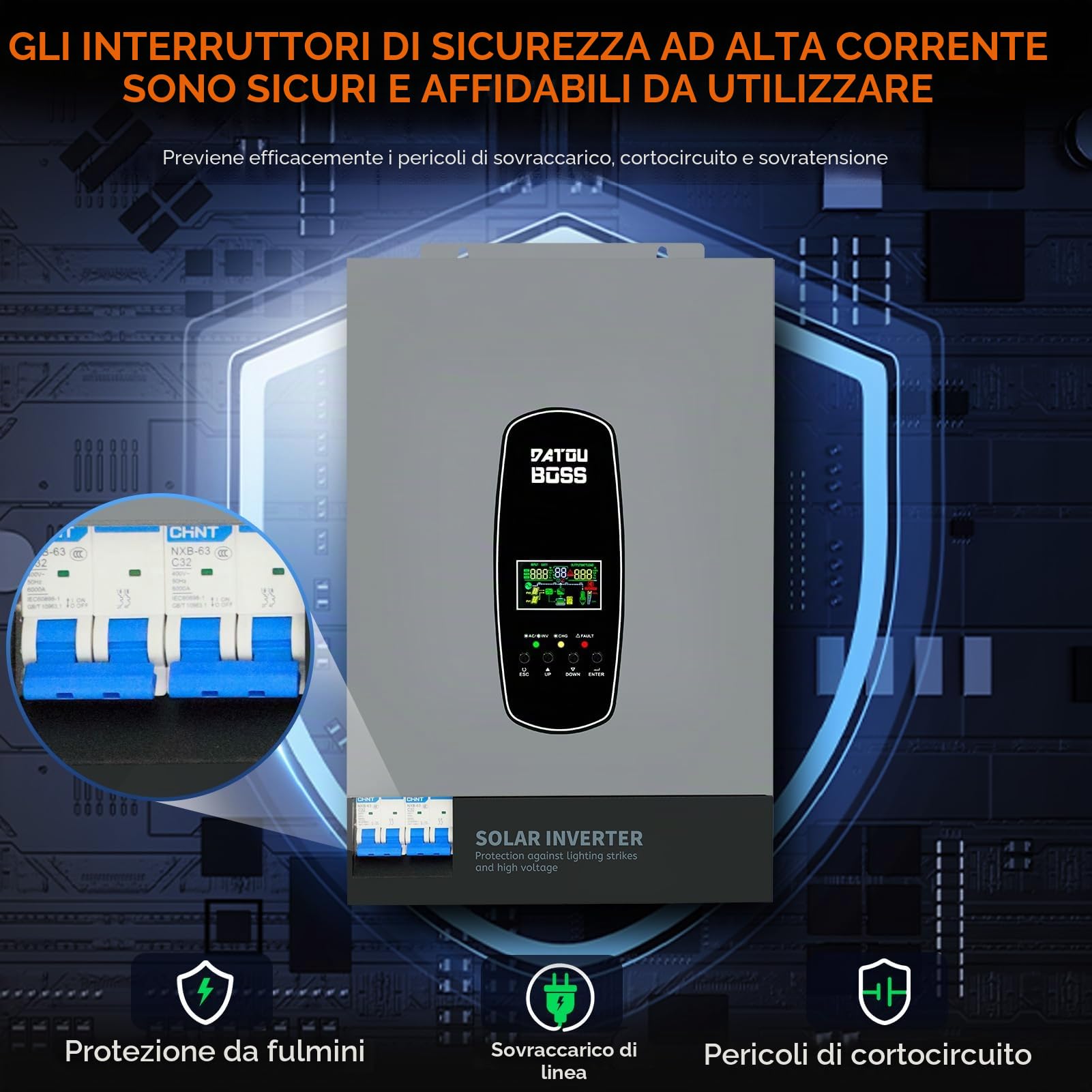 DATOUBOSS Inverter solare ibrido da 6200 W, 48 VDC a 230 V, inverter sinusoidale puro con 120 A, ingresso fotovoltaico da 8500 W, supporta il sistema di protezione BMS, per batterie al litio da 48 V.