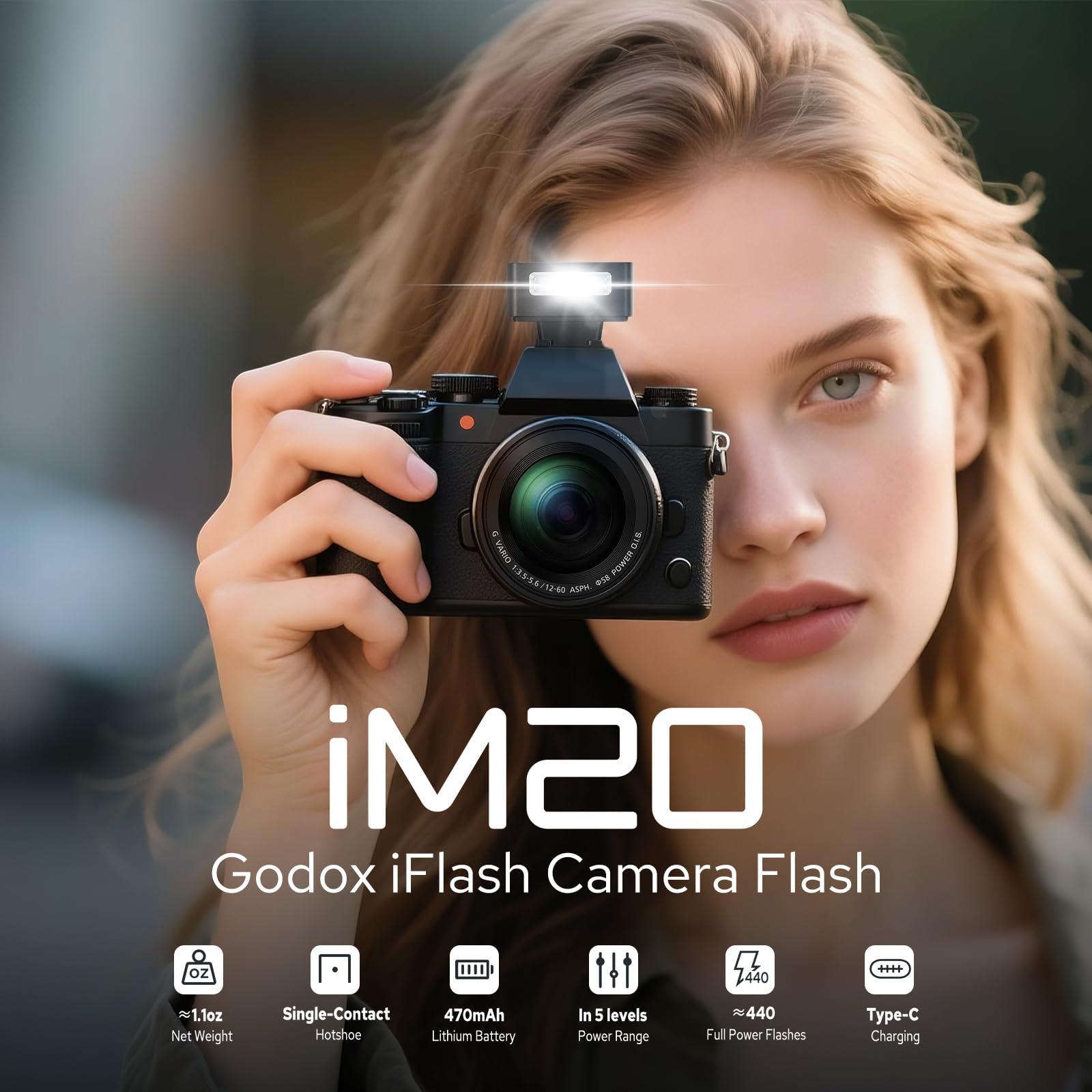 Godox iM20 Mini Flash dla Canon, Sony, Fuji, Nikon 6000K±200K z kontrolą optyczną S1 / S2.3s Czas ładowania, Około baterii litowej, Lekka przenośna mini flash aparatu