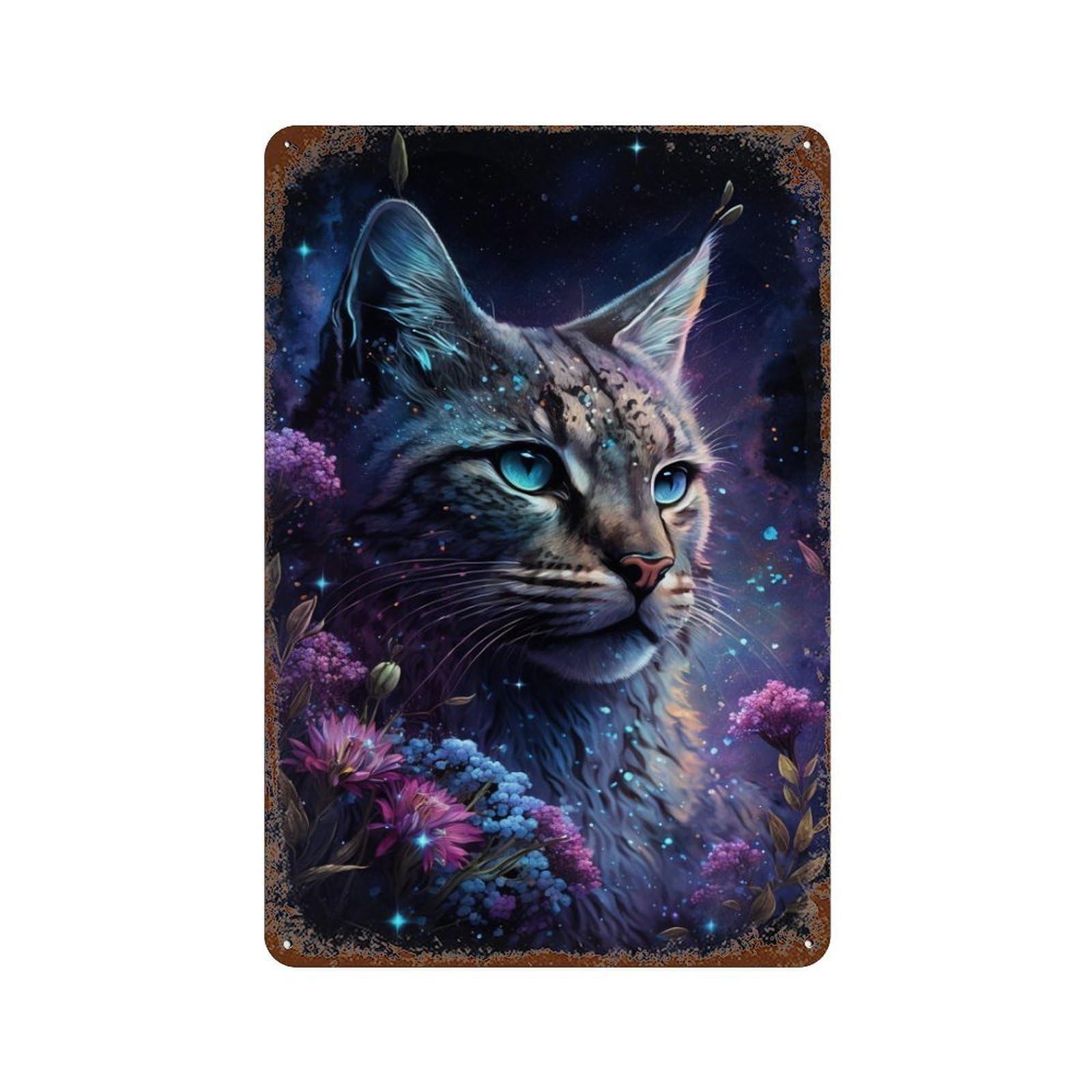 Galactic Cat with Flowers -4 11.8"x7.9" Weathered Tin Sign, Shabby Chic Decor for Cafe, Home Bar And Lounge Decor