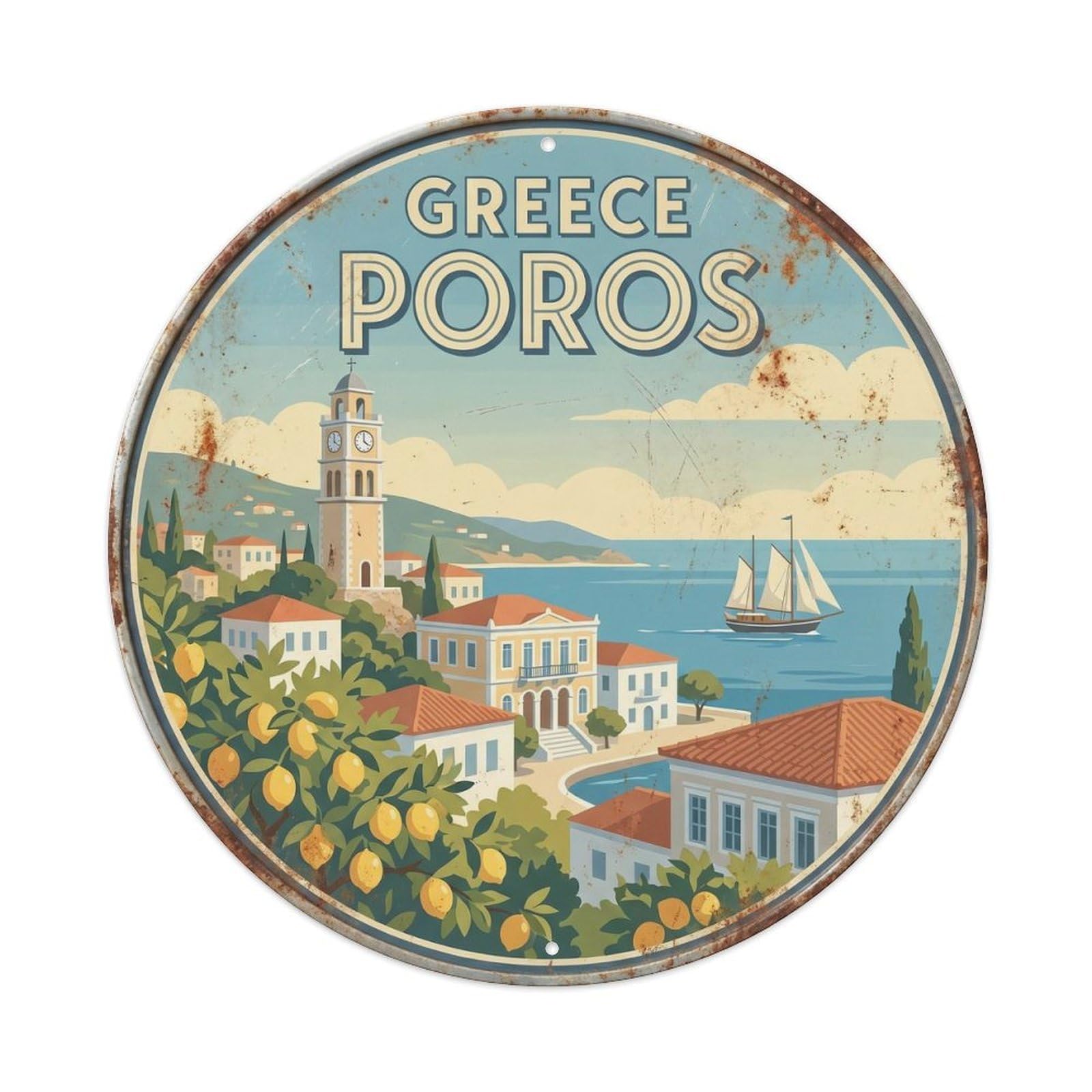 Poros Clock Greek Retro Destination Old Town Travel Metal Tin Sign