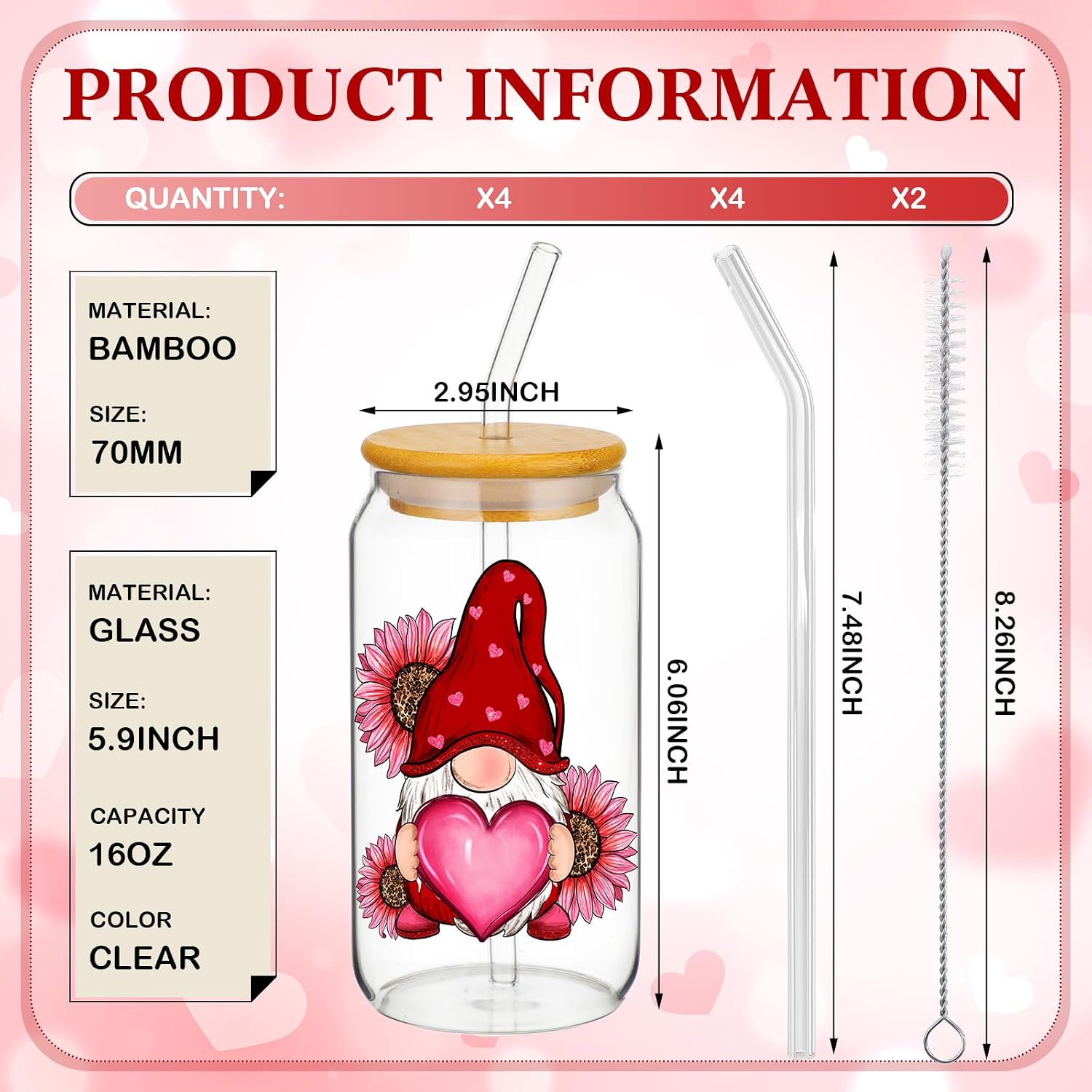 Cunhill 4 Pcs Coquette Pink Bow Glasses Cups with Lid and Straw 16 oz Heart Drinking Glasses Employee Appreciation Gifts Pink Iced Coffee Cup Can Shape Mug Tumbler for Women Men Birthday Party Favor