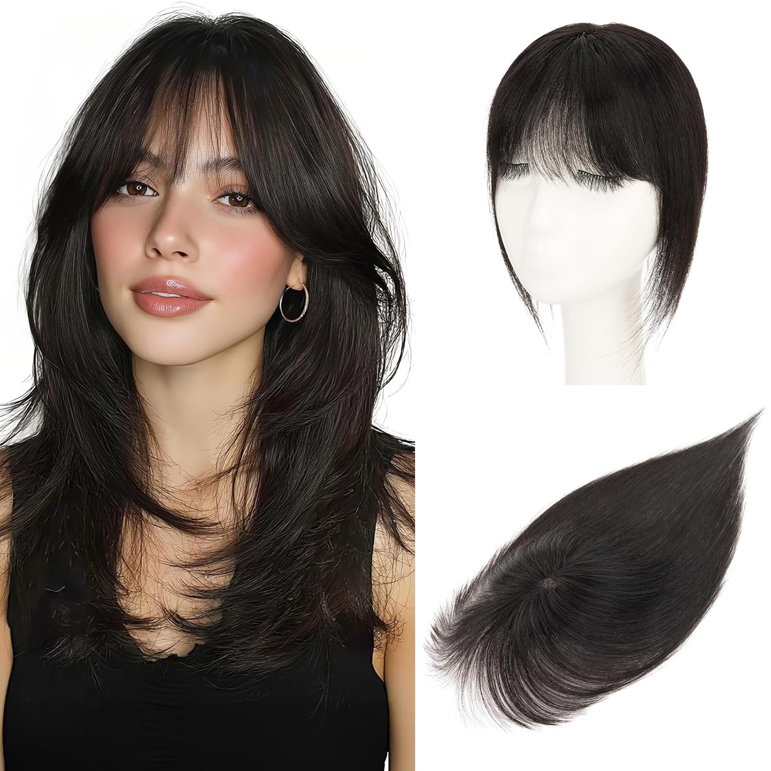Hair Toppers for Women Real Human Hair,TESS Lightweight Air Bangs Human Hair Toppers,Clip in Bangs,Invisible 3D 360°Full Cover Clip on Bang,3.15"4.33" Lace Soft Base 10"/20g #1B Natural Black