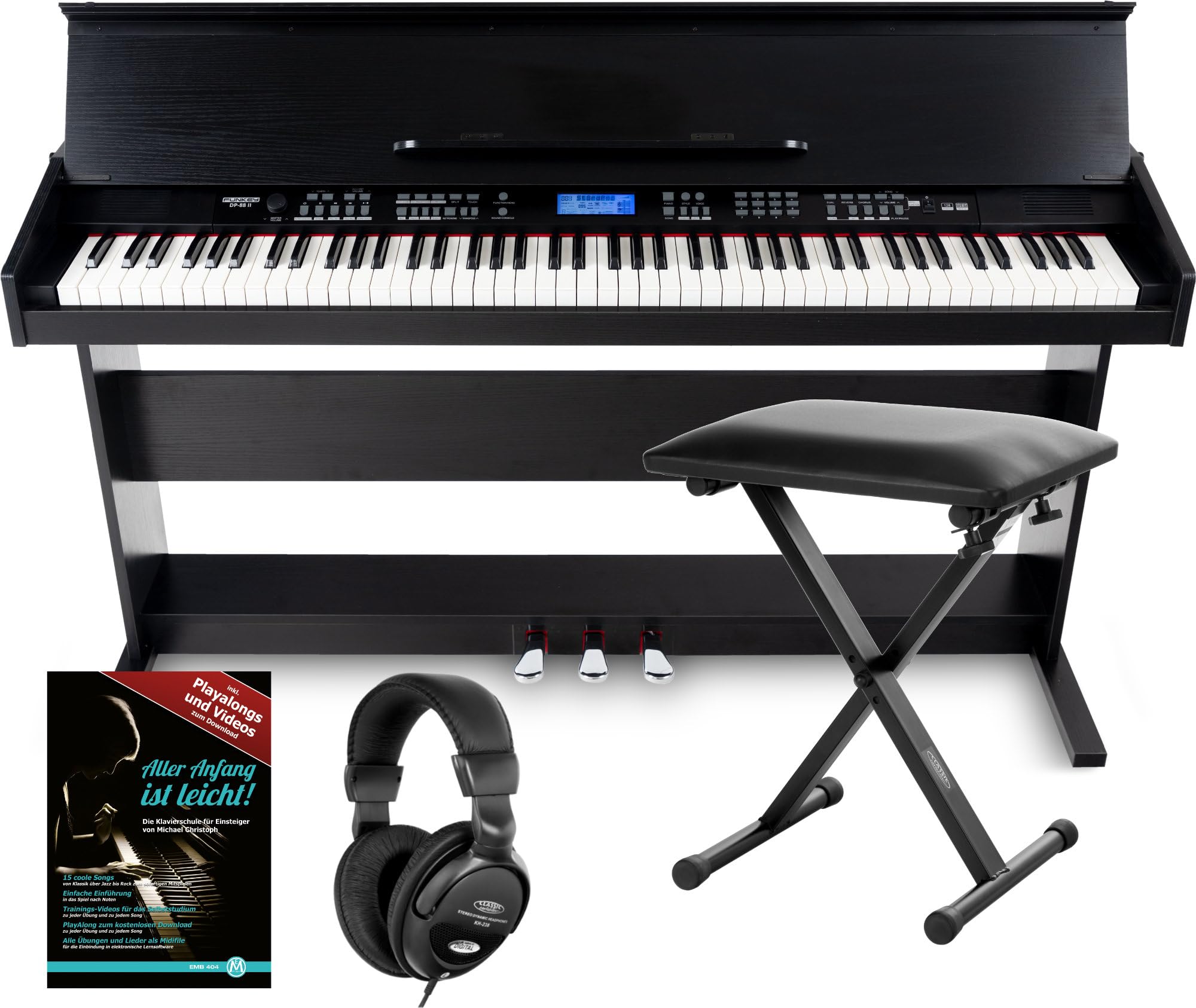 FunKey DP-88 II Pianoforte digitale nero Set con panca economy, cuffie e guida (tedesco)
