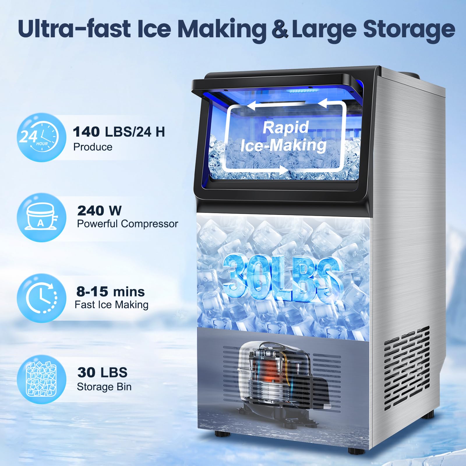 Commercial Ice Maker Machine 140lbs/24h, Dual Water Inlet Options, Freestanding Under Counter Ice Maker Smart Lcd, Self-Cleaning, Quiet For Home, Bar, Restaurant, Support 5-Gallon Bottle Water on Fridge.com - View 6