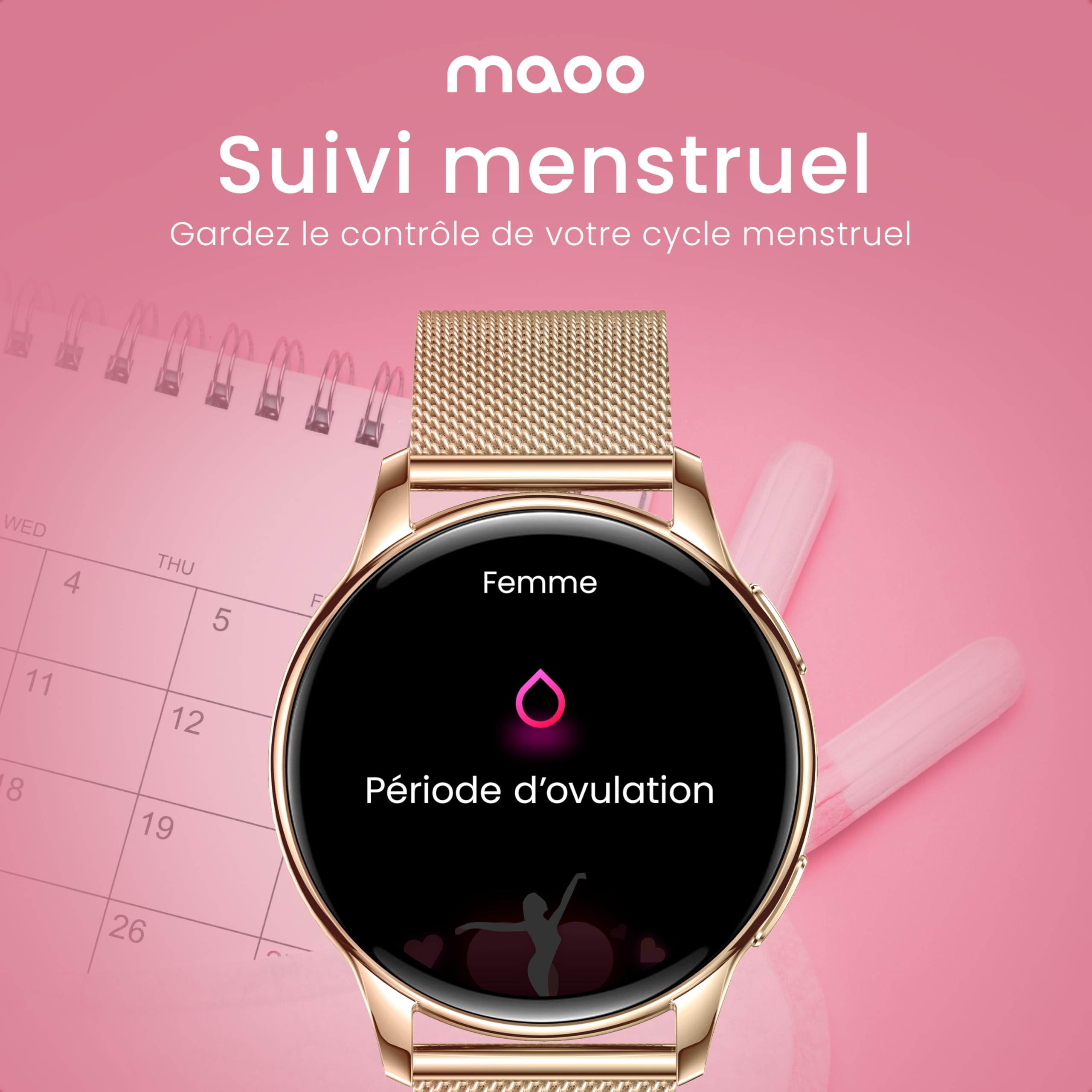 maoo Montre connectée Ventura pour Femme avec Fonction d’Appel, écran AMOLED 1,32 Pouce, cardiofréquencemètre, SPO₂, tensiomètre, Plus de 100 Modes Sport, étanche IP67, 5 Bracelets Inclus (Or Rose)