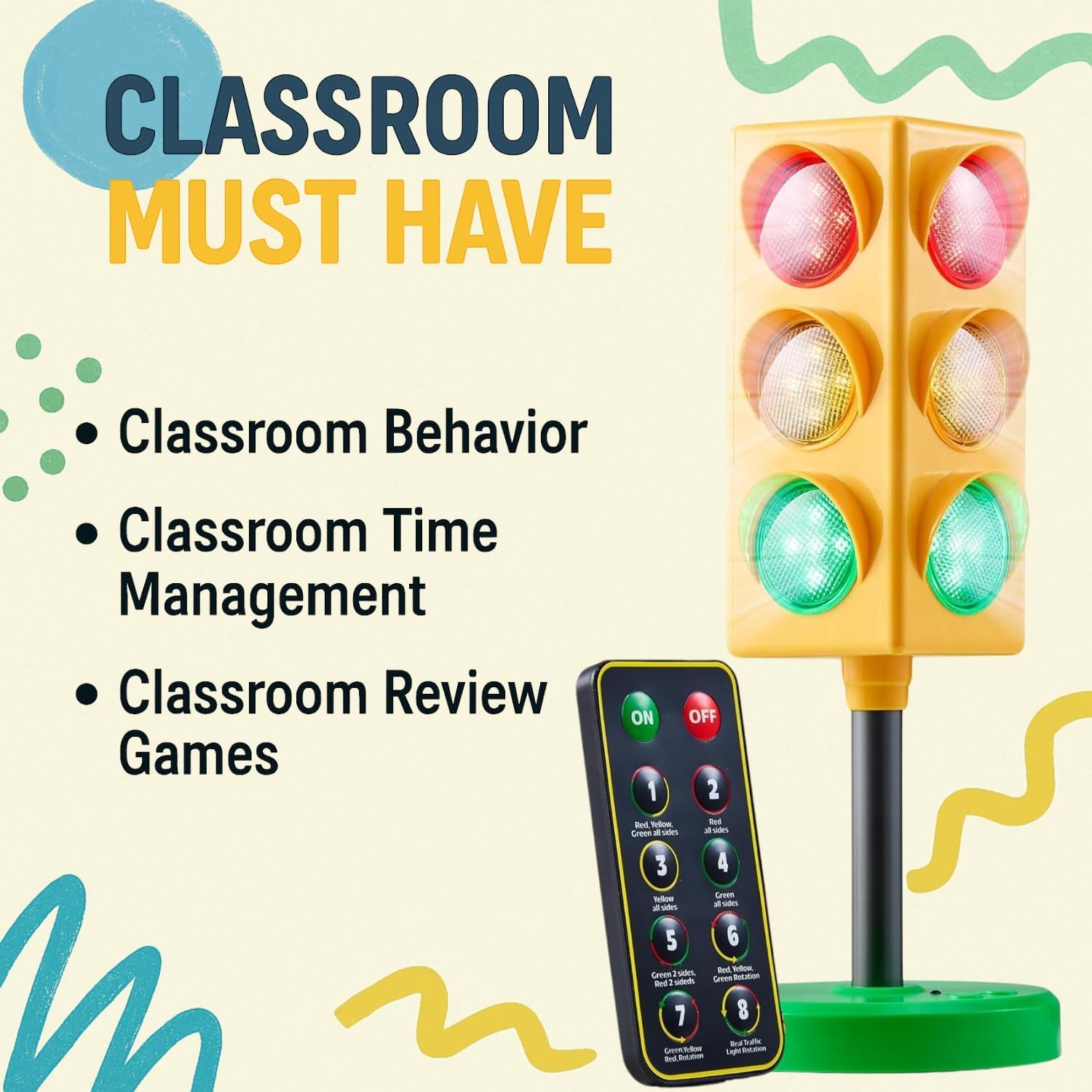 ArtCreativity Traffic Light - Teacher Classroom Must Haves Supplies, 8 Modes with Remote -Classroom Decor, Kindergarten Educational Lamp -Real Traffic Light Rotation Mode, Red Lights Green Lights Game