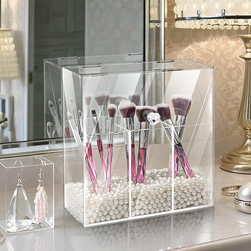 Miniatura 8 de Okllen Soporte para brochas de maquillaje con tapa a prueba de polvo, perlas blancas, organizador de brochas de maquillaje acrílico transparente con