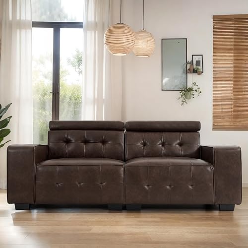 83.8” Leather Sofa Couches for Living Room, Modern 3 Seater Comfy Sofa, Loveseat Sofa with Wide Armrest, Adjustable Backrest, Small Couches for Small Spaces, Apartment, Office (Brown)