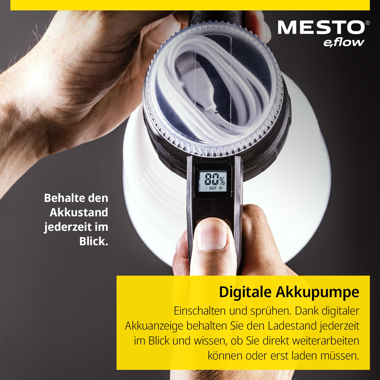 MESTO e.Cleaner E1.5 Akku-Drucksprüher 1,5L | Akku Drucksprühgerät 2 bar | Drucksprüher elektrisch für Reinigung | Drucksprühflasche für leicht alkalische Flüssigkeiten & Laugen | inkl. USB-C Kabel