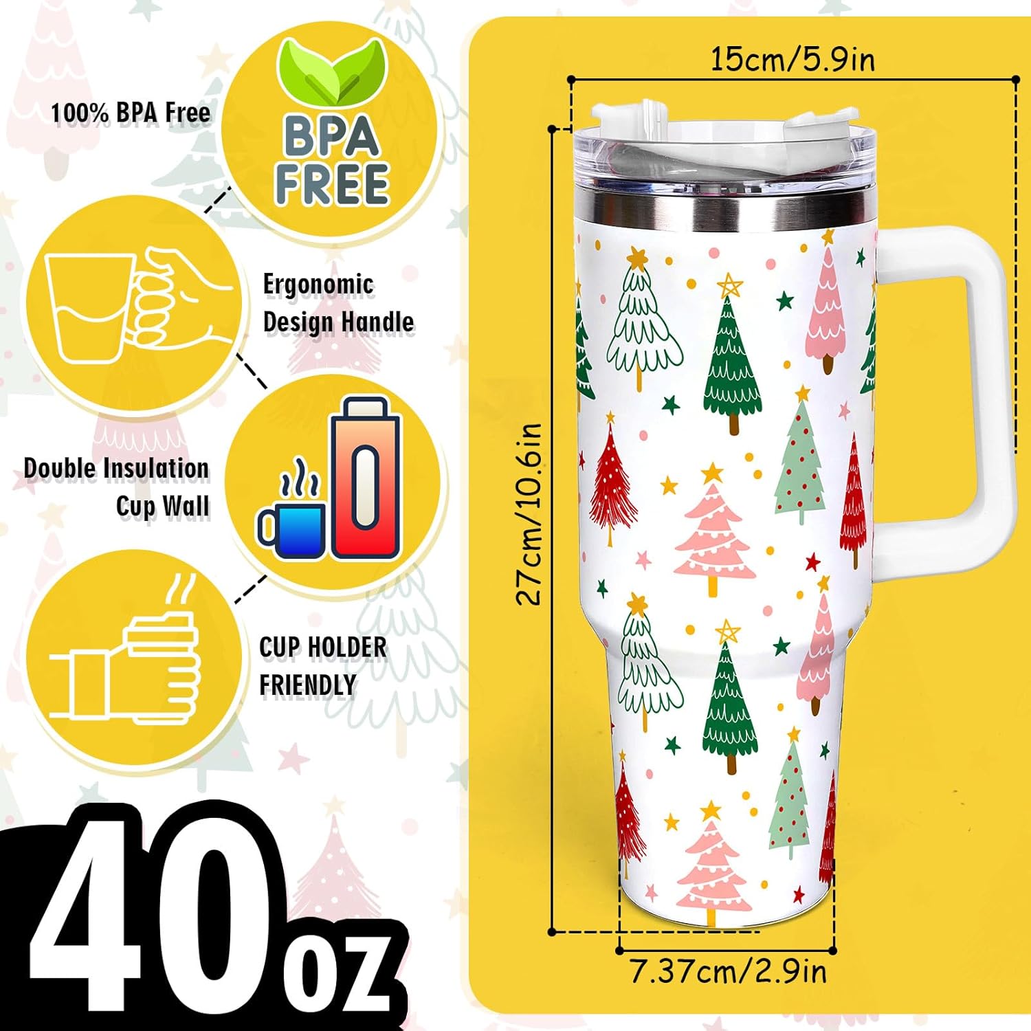Whaline 40oz Christmas Tumbler with Handle Straw and Lid Cute Xmas Tree Travel Tumbler Coffee Cup for Holiday Party Home Office - Image 2