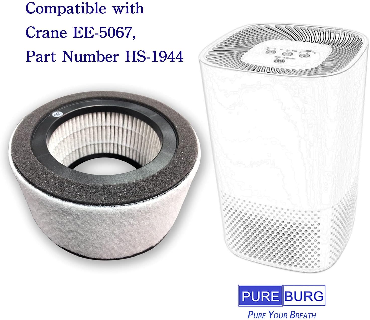 PUREBURG HS-1944 Replacement Filter Set Compatible with Crane EE-5067 Air Purifier,2-Pack H13 HEPA Activated Carbon 2-IN-1 4-Stage Filtration Pre-Filter (Washable) - Image 2