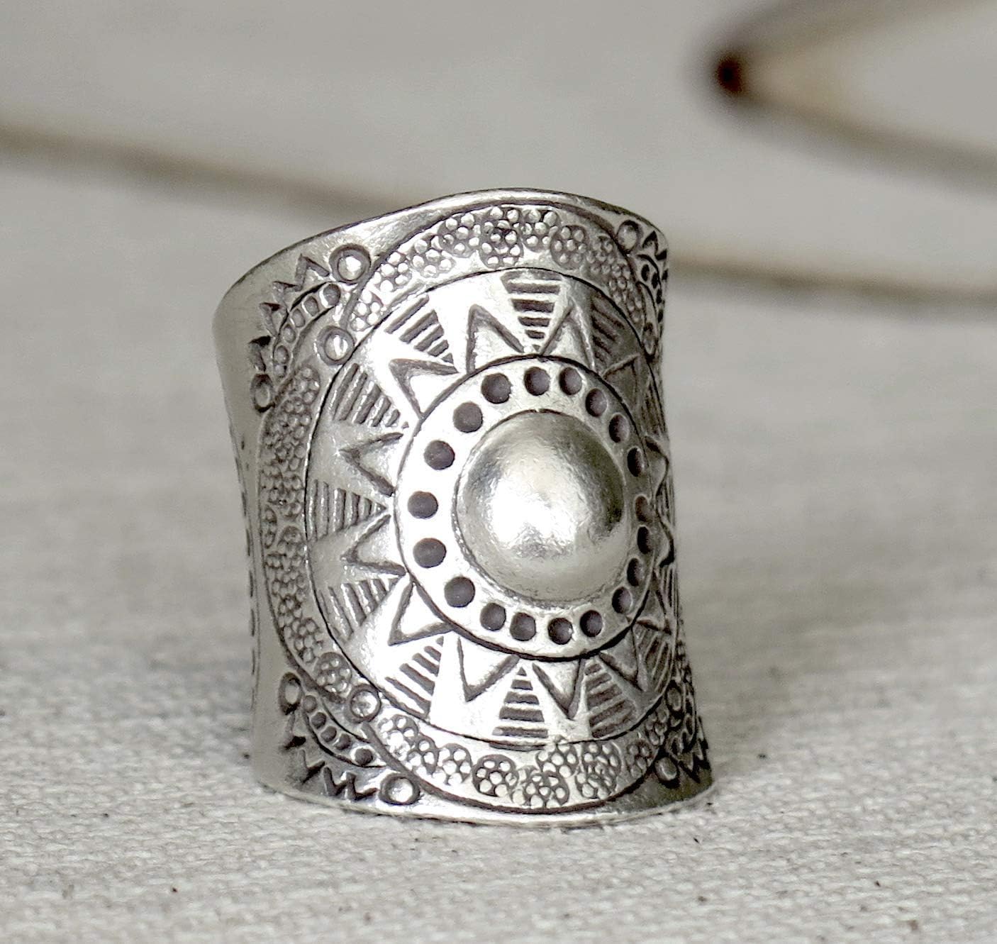 Sterling Silver Mandala Flower Boho Hippie Large Statement Ring, Ethnic Gypsy Wide Band Adjustable to US sizes 7-11, Solar Symbol, Also as Thumb ring, Gift for Her