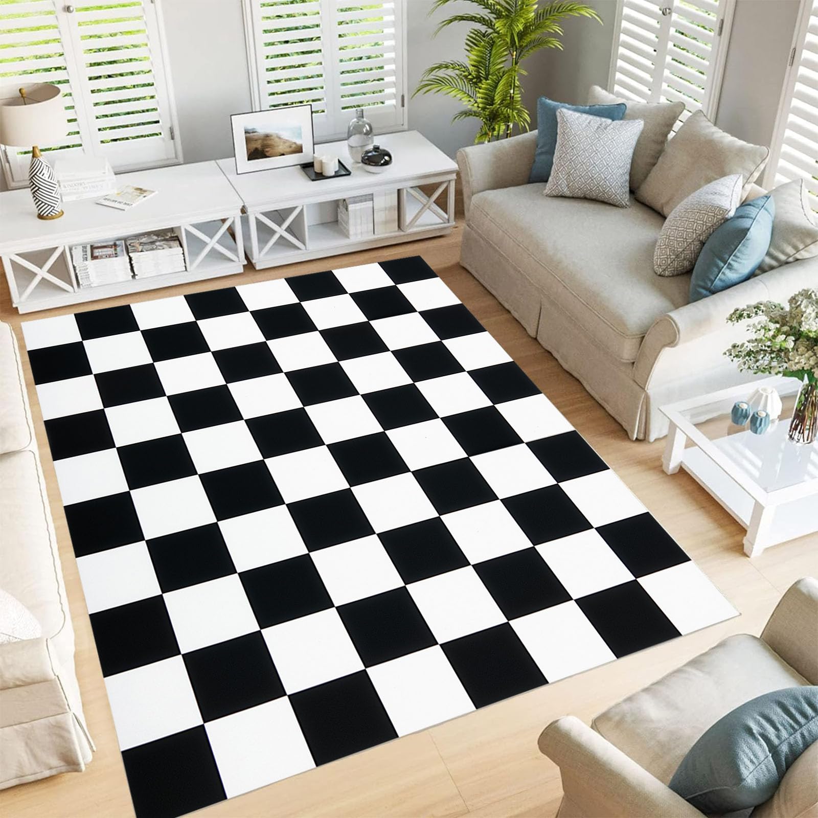 Tapis salon 80x150cm damier classique noir et blanc moderne pour chambre d'ado