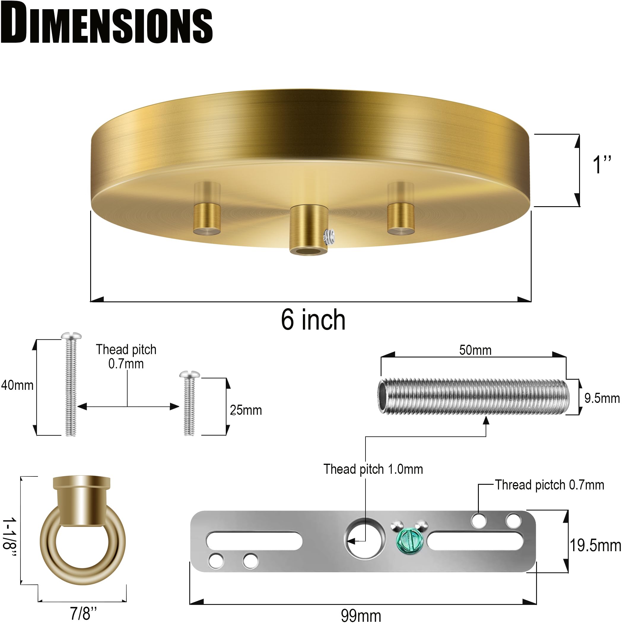 Lot de 2 auvents légers de 15,2 cm avec plaque de couverture de plafond de rechange robuste et matériel de montage pour luminaires, lustres, lampes suspendues ou projet de bricolage (laiton)