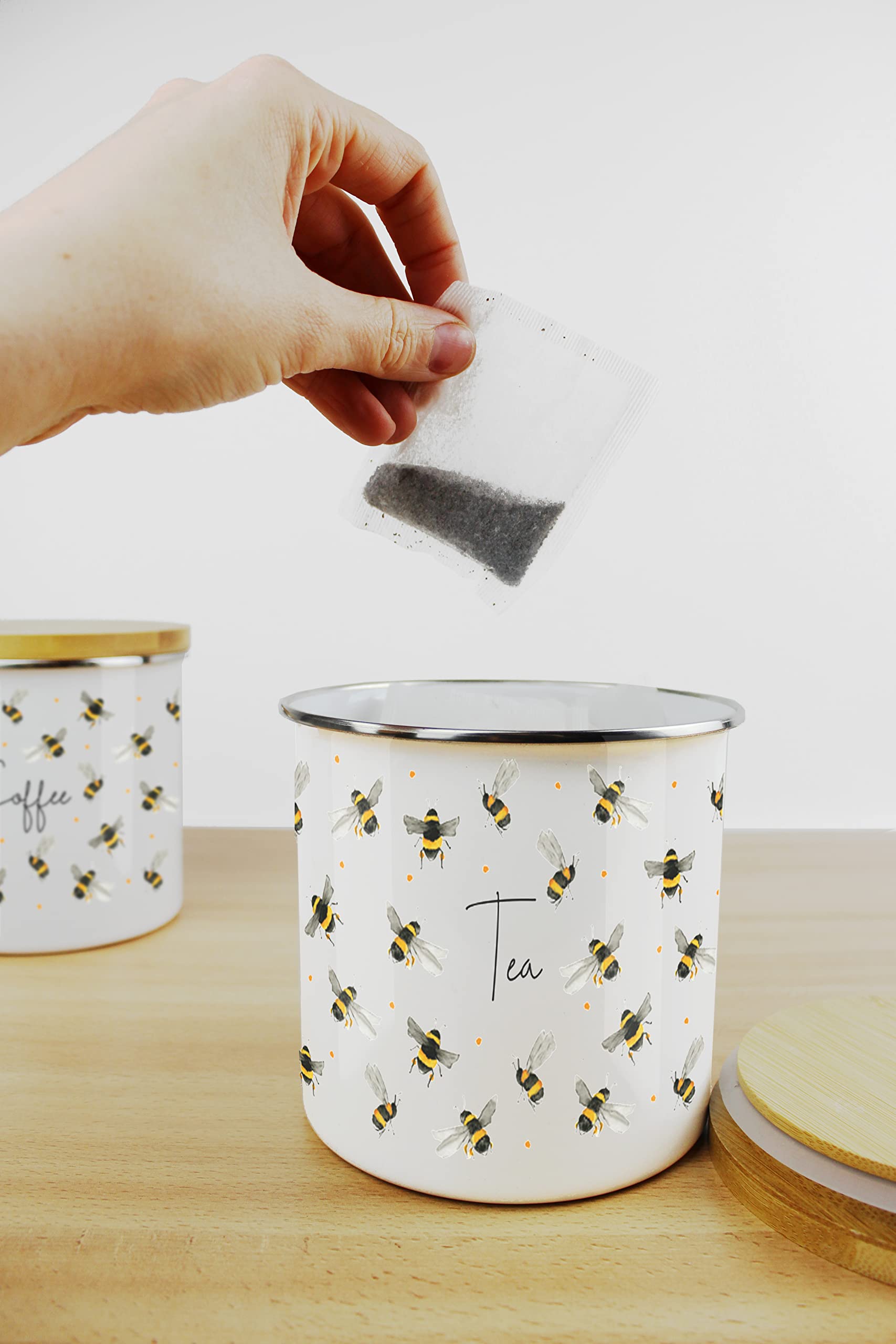 Purely Home Scattered Bees - Juego de recipientes para té, café y azúcar, metal blanco esmaltado para almacenamiento de alimentos