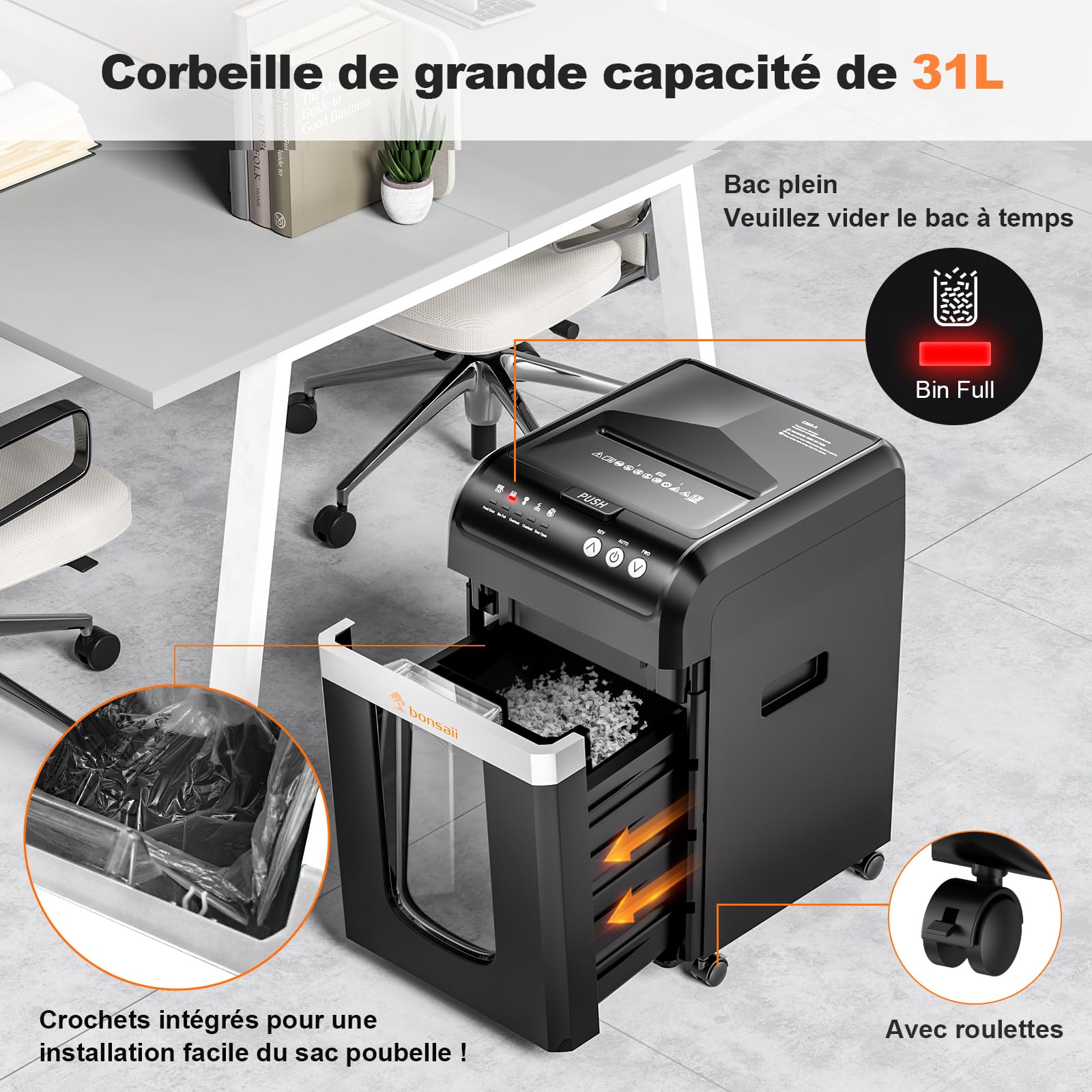 Bonsaii Destructeur de Documents Auto Feed 200 Feuilles, Micro-Coupe P-4, Bac 31L, Silencieux
