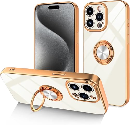 Funda blanca para iPhone 15 Pro Max con soporte de anillo con magnético parachoques de TPU suave, cubierta galvanizada dorada con purpurina, funda