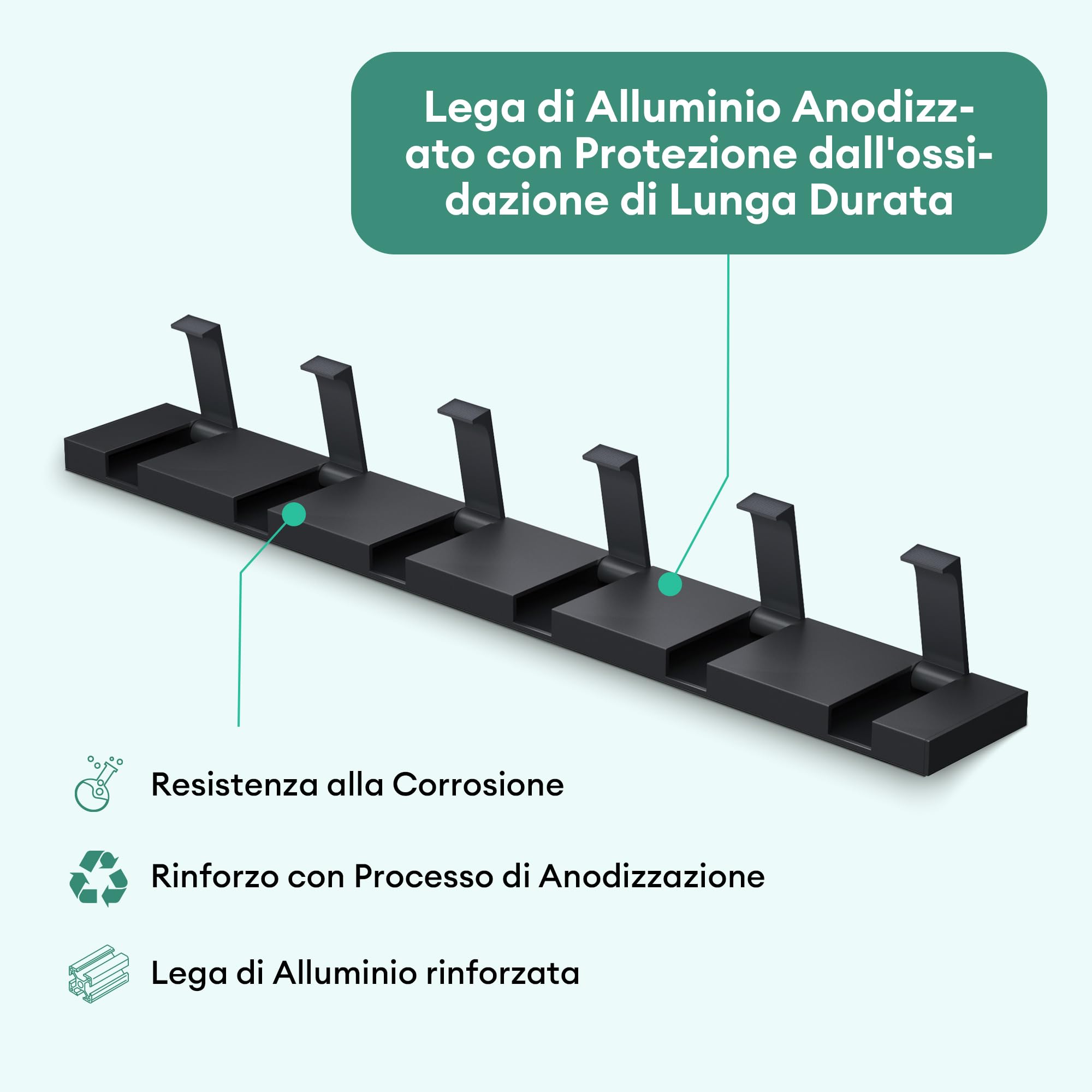Mai & Mai Appendiabiti da Parete con 6 Ganci Ribaltabili, Attaccapanni da Muro in Alluminio Appendiabiti 44,5 cm per Cameretta, Ingresso, Cucina, Nero Wandgarderobe01