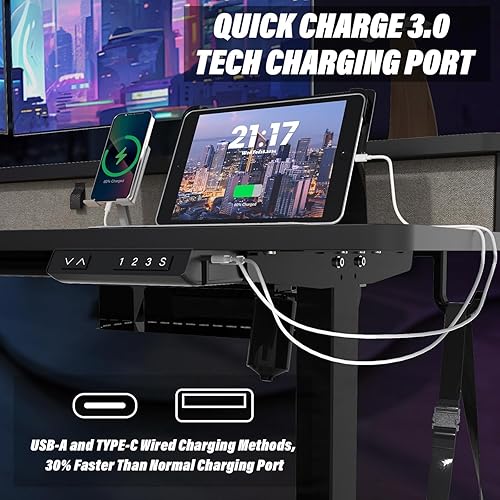 Miniatura 4 de Escritorio de pie en forma de L con puerto de carga USB y 4 cajones, escritorio eléctrico de altura ajustable de 63 x 55 pulgadas con bandeja para
