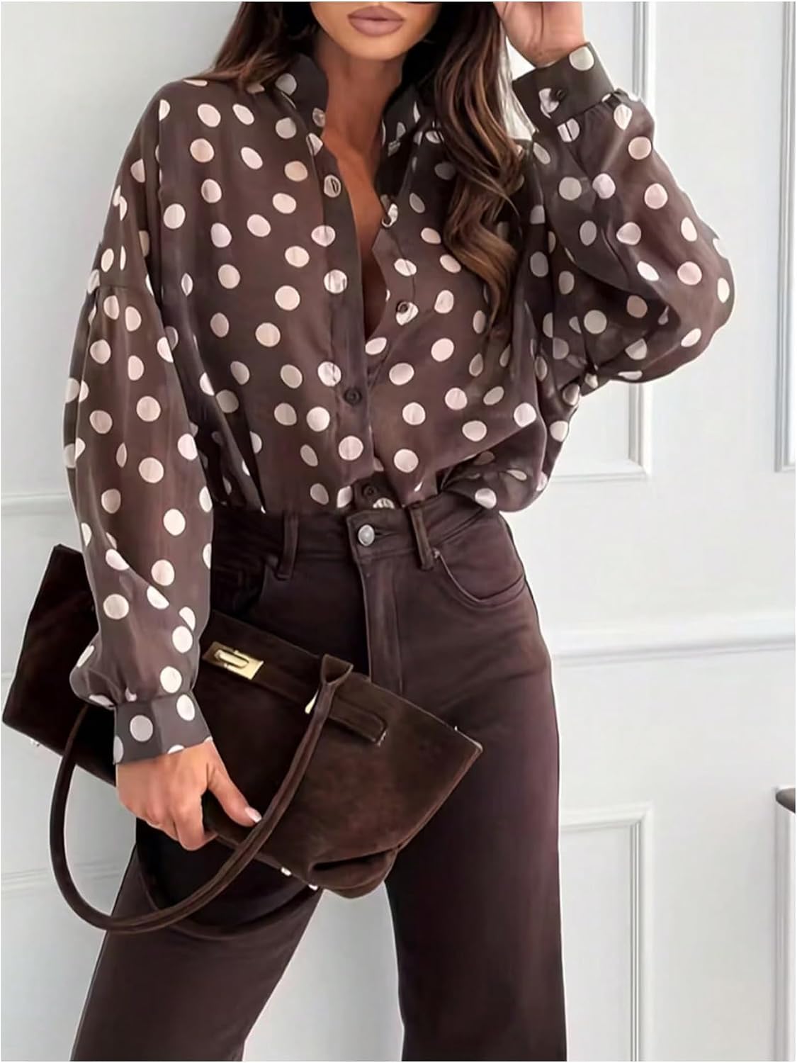 GORGLITTER Women's Polka Dots Blouse Dressy Business Casual Lantern Long Sleeve Collar Button Down Shirt Work Tops