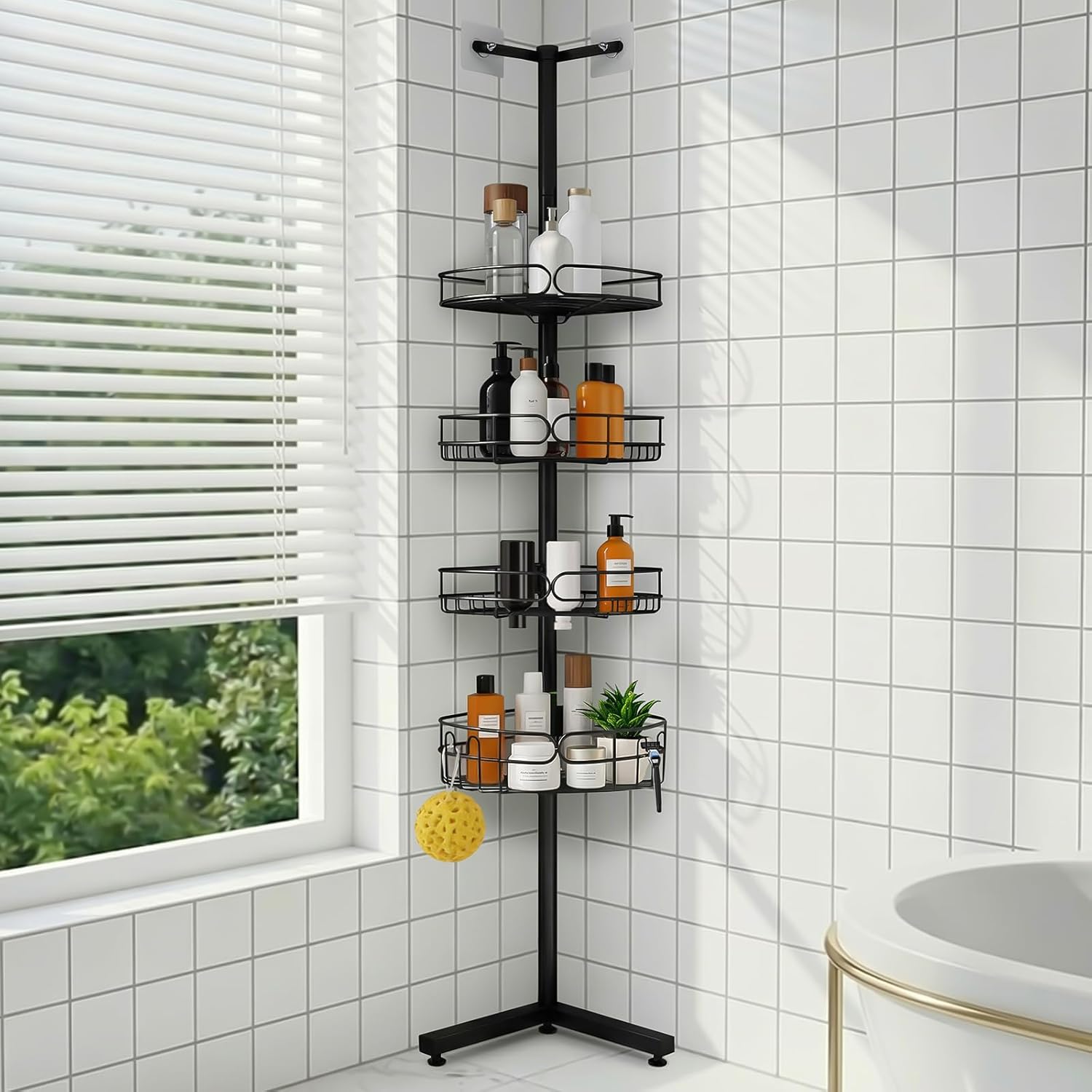 Standing Shower Caddy Corner, 4-Tier Adjustable Height Bathroom Organizer, 6-Section Pole, Sturdy Floor Standing Shelf for Shower or Bathtub – No Drilling, No Spring Tension