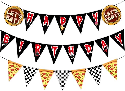 Night Party Decoration Horror Game Happy Birthday Banner Pre-Strung Black White Checkered Pizza Pennant Banner Flags Video Game Bunting Garland for Spooky Creepy Bear Themed Birthday Party Supplies