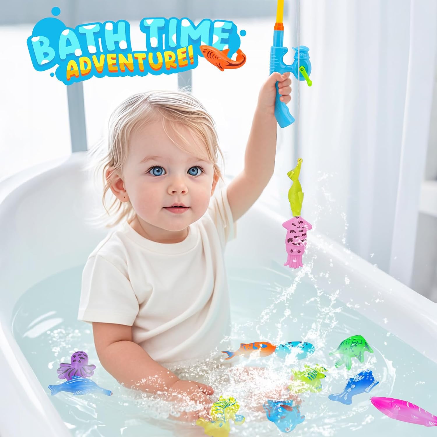 Set di 40 giocattoli da pesca magnetici per bambini con canna da pesca e rete, pesci galleggianti in plastica per vasca da bagno