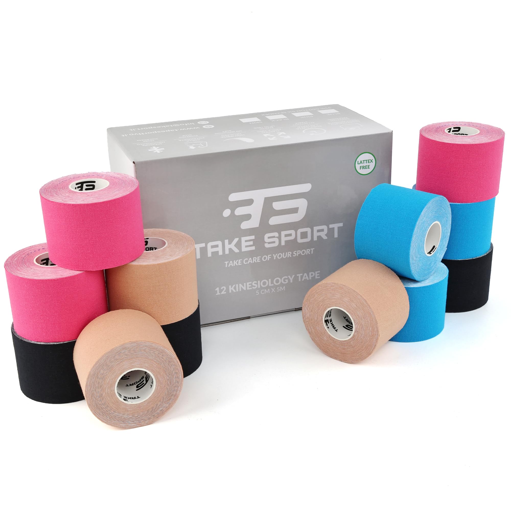 TAKE SPORT, Kinesio, Kinesio tape, Nastro kinesiologico, Tape kinesiologico, Kinesio taping. 6-12 rotoli, 5 x 5m, 95% Cotone 5% Spandex, elastico. (12 Mix)