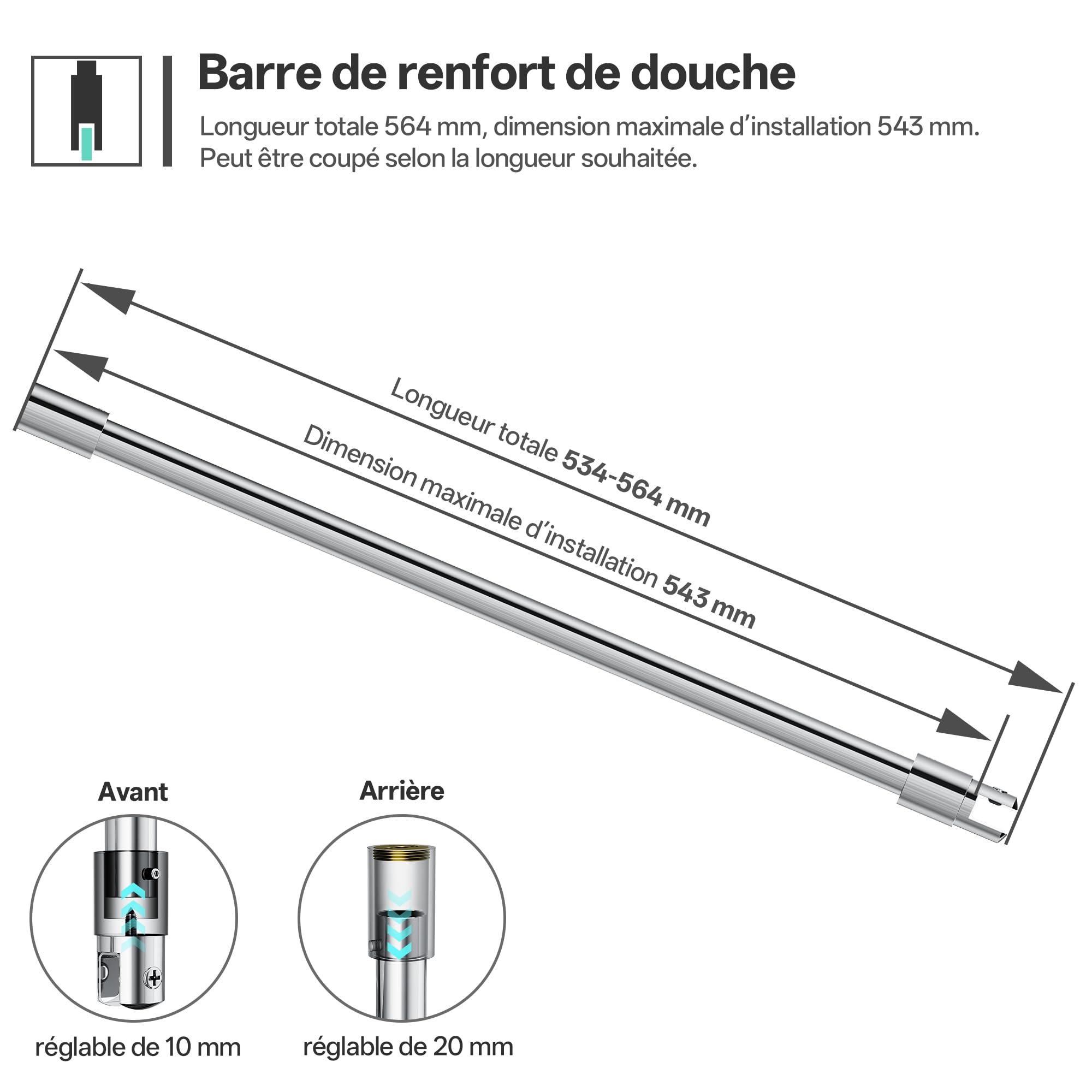 Barre de stabilisation paroi de douche, 564 mm,chromé | Fixation au plafond, Acier inoxydable 304, Pour verre de 6 à 10 mm