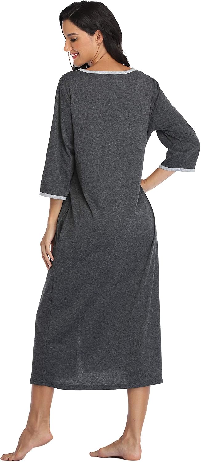 Women's Zip Up Housecoat Cotton Bathrobe Short Sleeve Sleepwear Full Length Stripe Loungewear with 2 Pockets