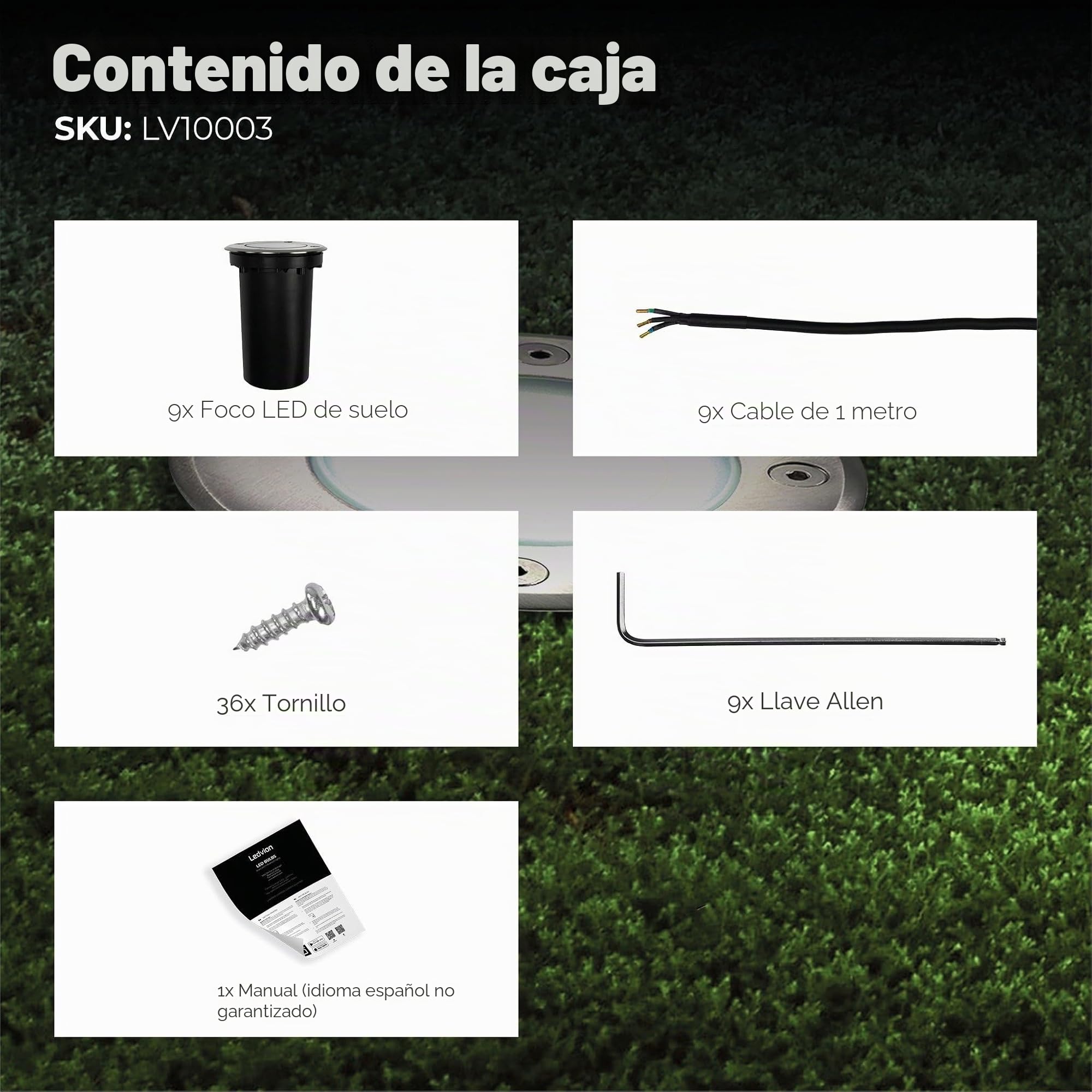 Ledvion - 9X Focos LED Empotrados Redondos, IP67, GU10, Cable de 1m, Iluminación Exterior, Iluminación de Terraza