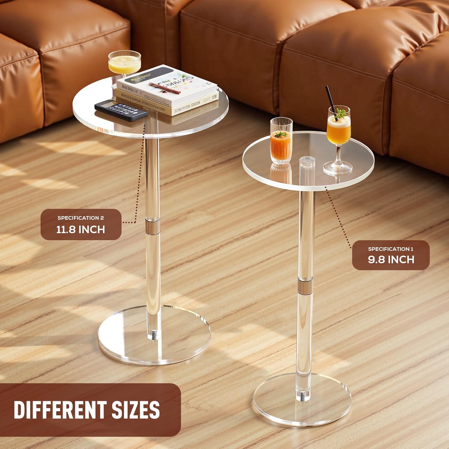 11.8" Round Clear Acrylic End Table - Modern Small Space Side Table for Living Room, Bedroom, Office, Outdoor | Sturdy, Easy to Install, Multi-Purpose