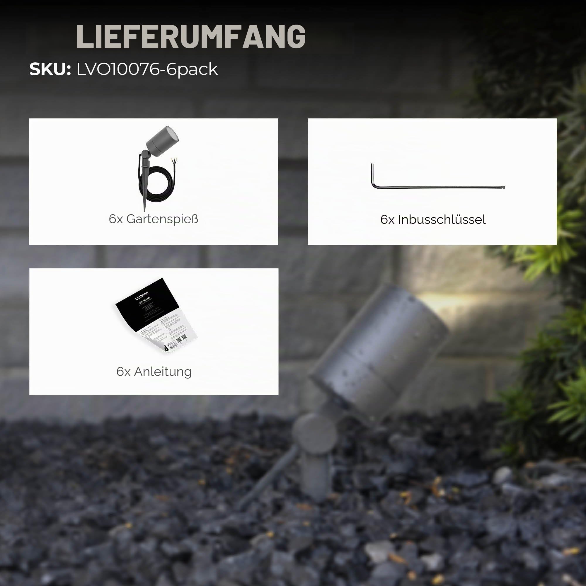 Ledvion 6er Set Gartenstrahler mit Erdspieß IP65 GU10 3W ohne Leuchtmittel | Fuer Garten Terrasse Einfahrt Wege Beete und dekorative Aussenbeleuchtung