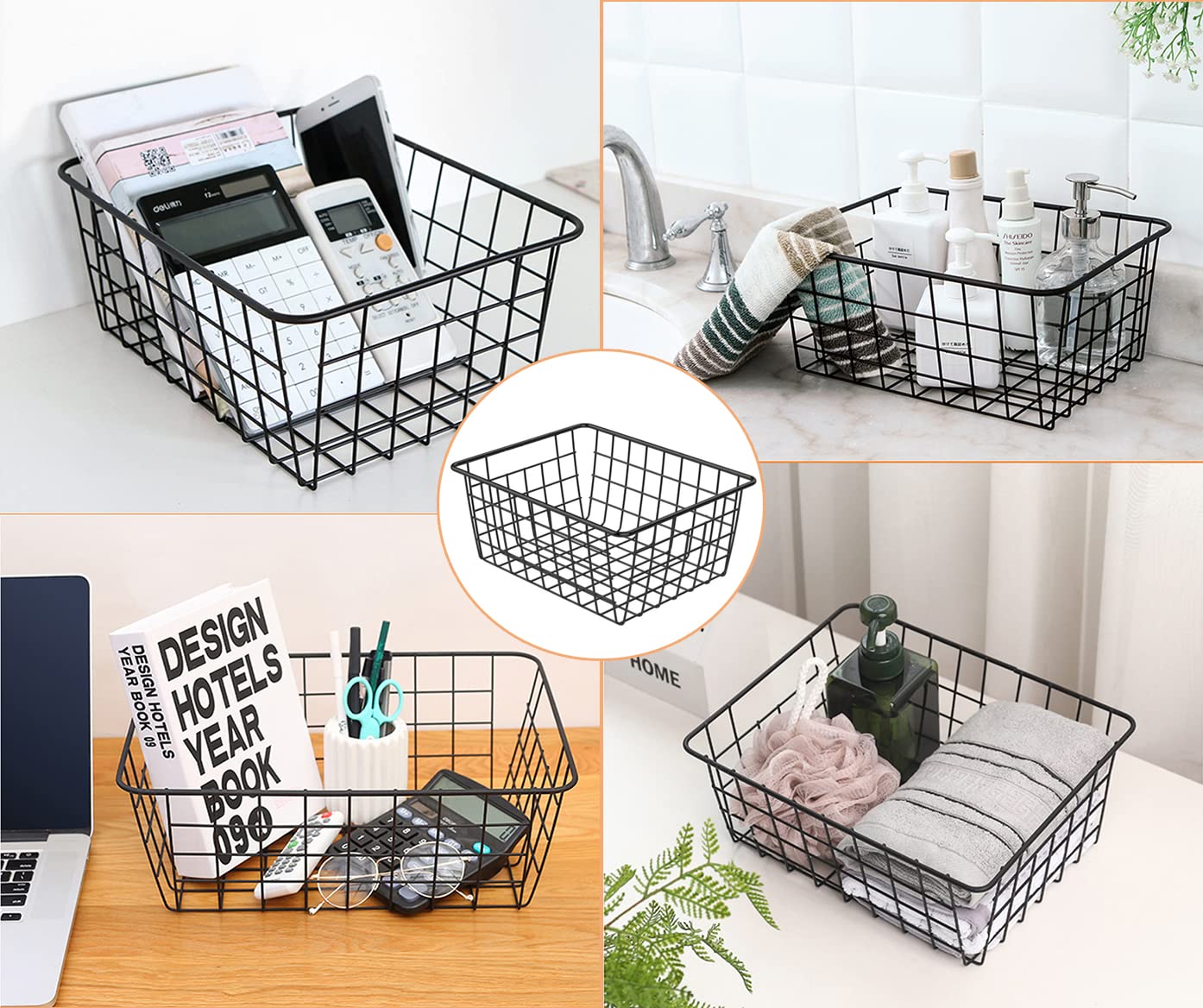 Paquete de 4 cestas de almacenamiento de alambre negro, cestas organizadoras de alambre con asas, cestas de metal para congelador, estantes de refrigerador, despensa, almacenamiento de baño, 28